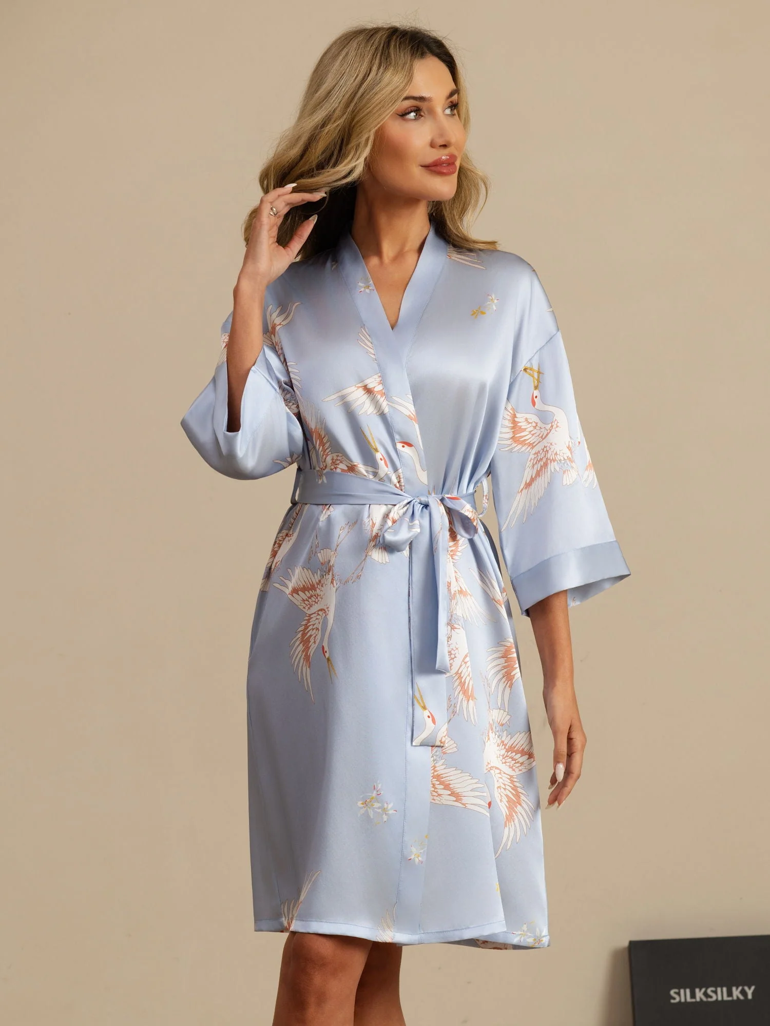 19Momme Pure Silk Crane Print Belted Wrap Women's Kimono Robe - Image 33