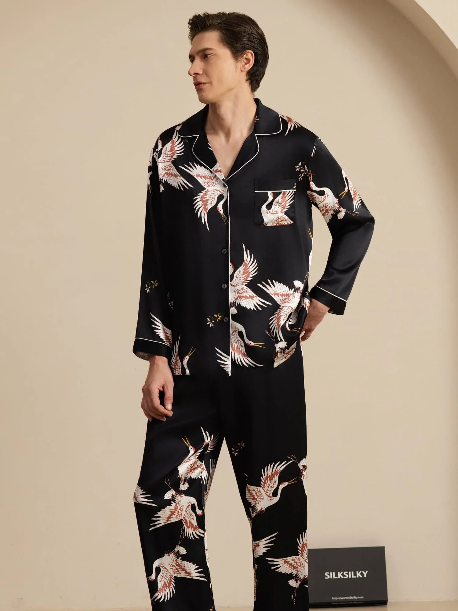 19Momme Pure Silk Men's Crane Print Long Sleeve Notch Collar Pajamas Set - Image 11