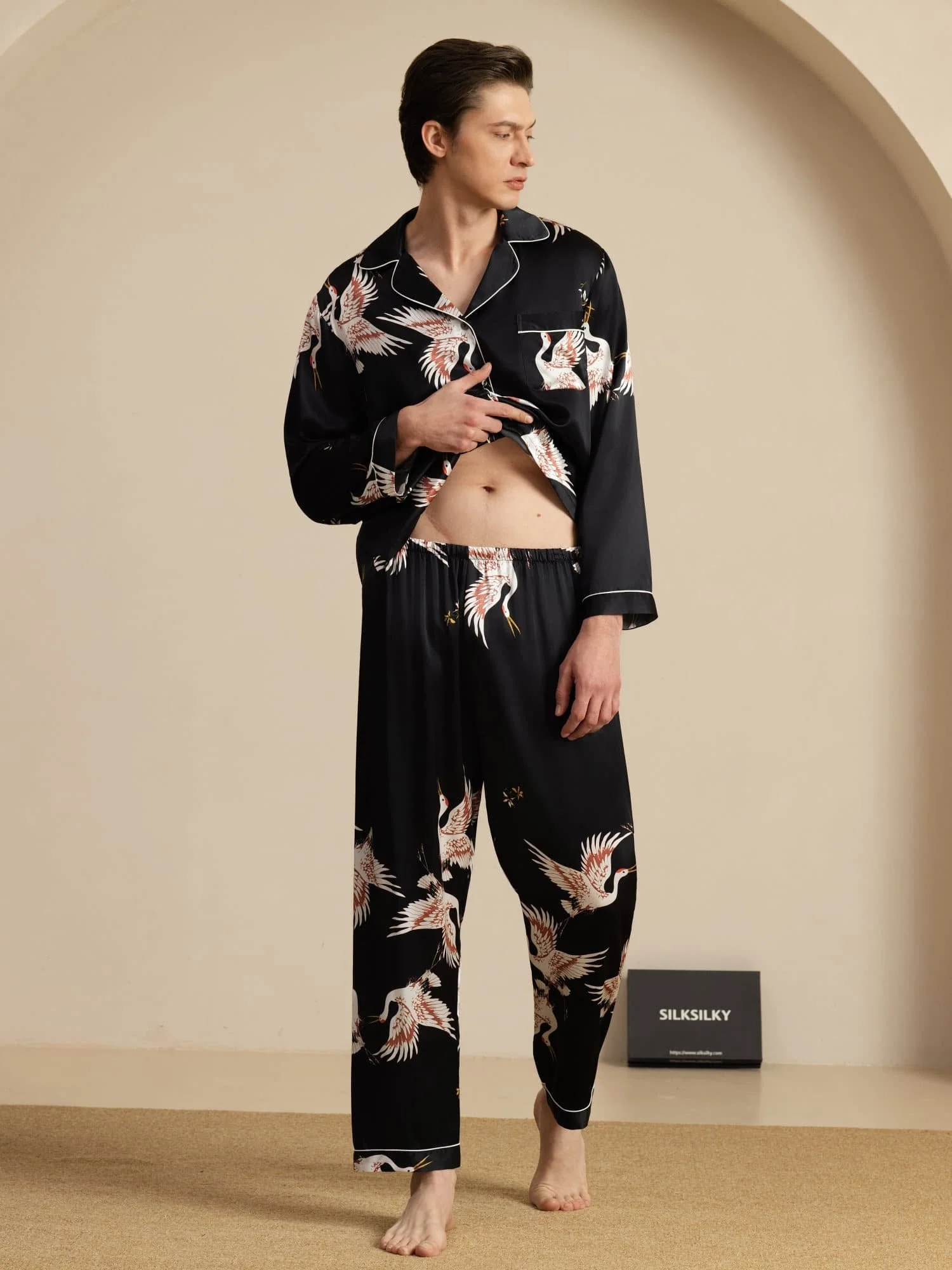 19Momme Pure Silk Men's Crane Print Long Sleeve Notch Collar Pajamas Set - Image 16