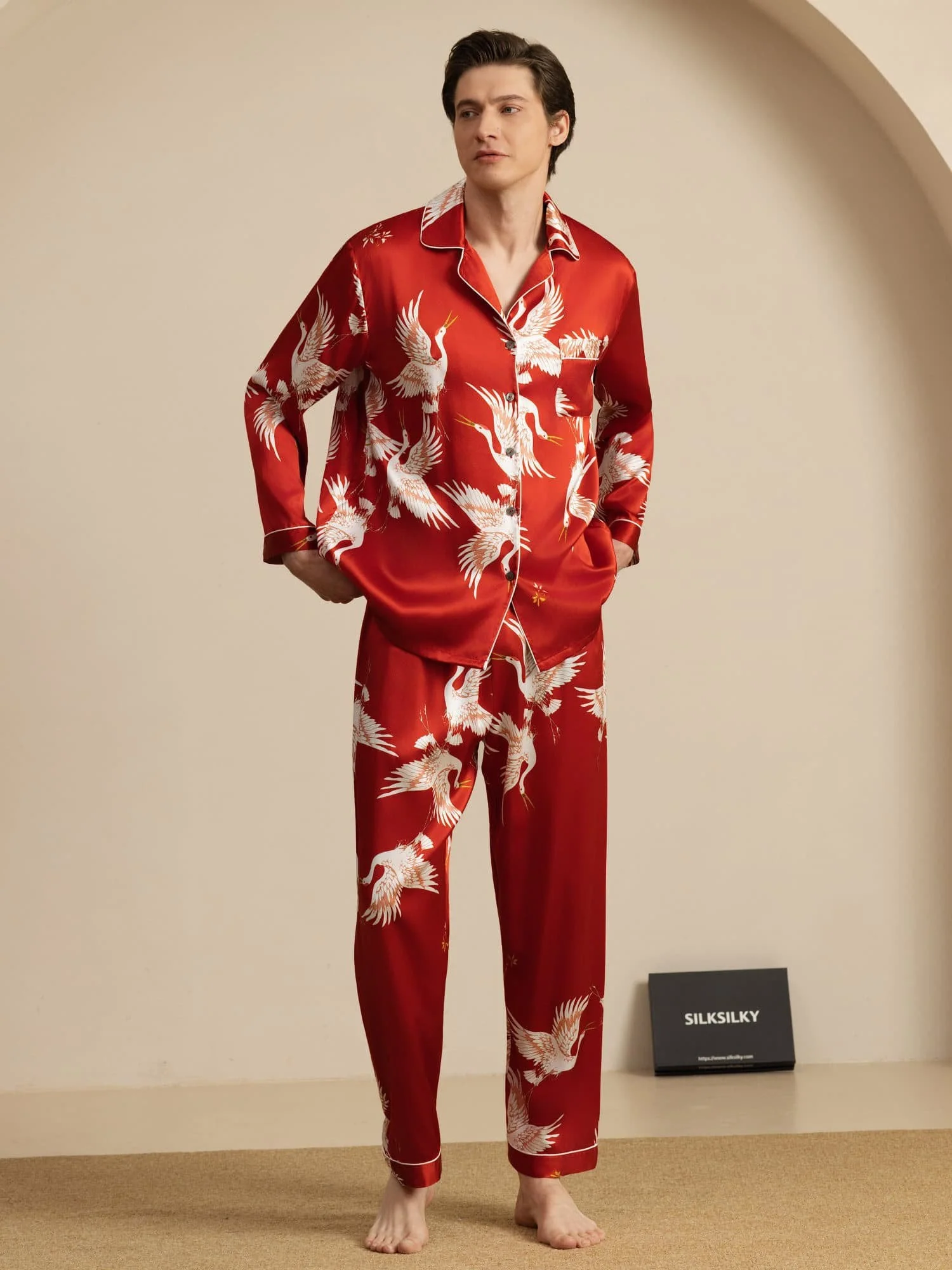 19Momme Pure Silk Men's Crane Print Long Sleeve Notch Collar Pajamas Set - Image 20