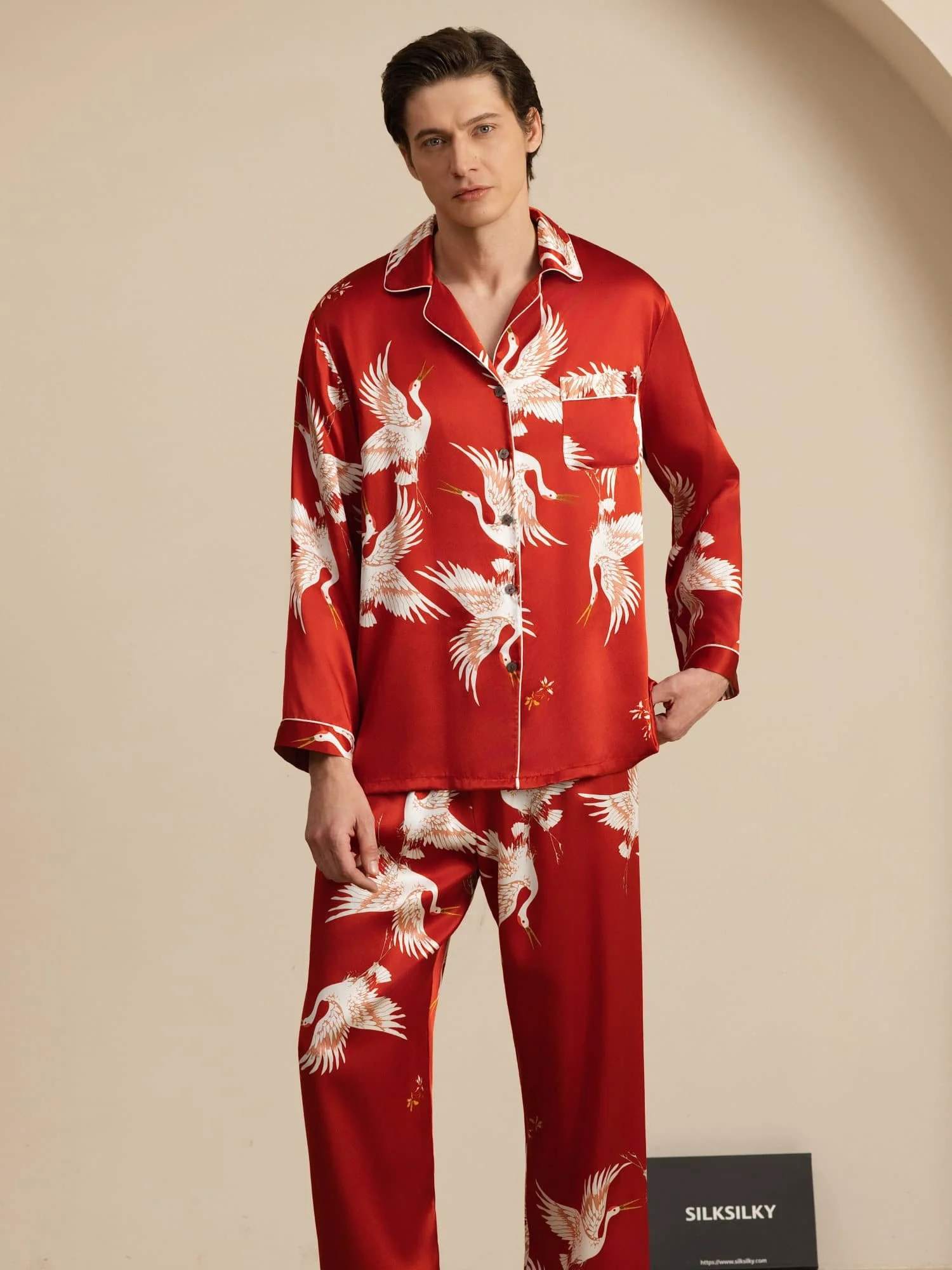 19Momme Pure Silk Men's Crane Print Long Sleeve Notch Collar Pajamas Set - Image 22
