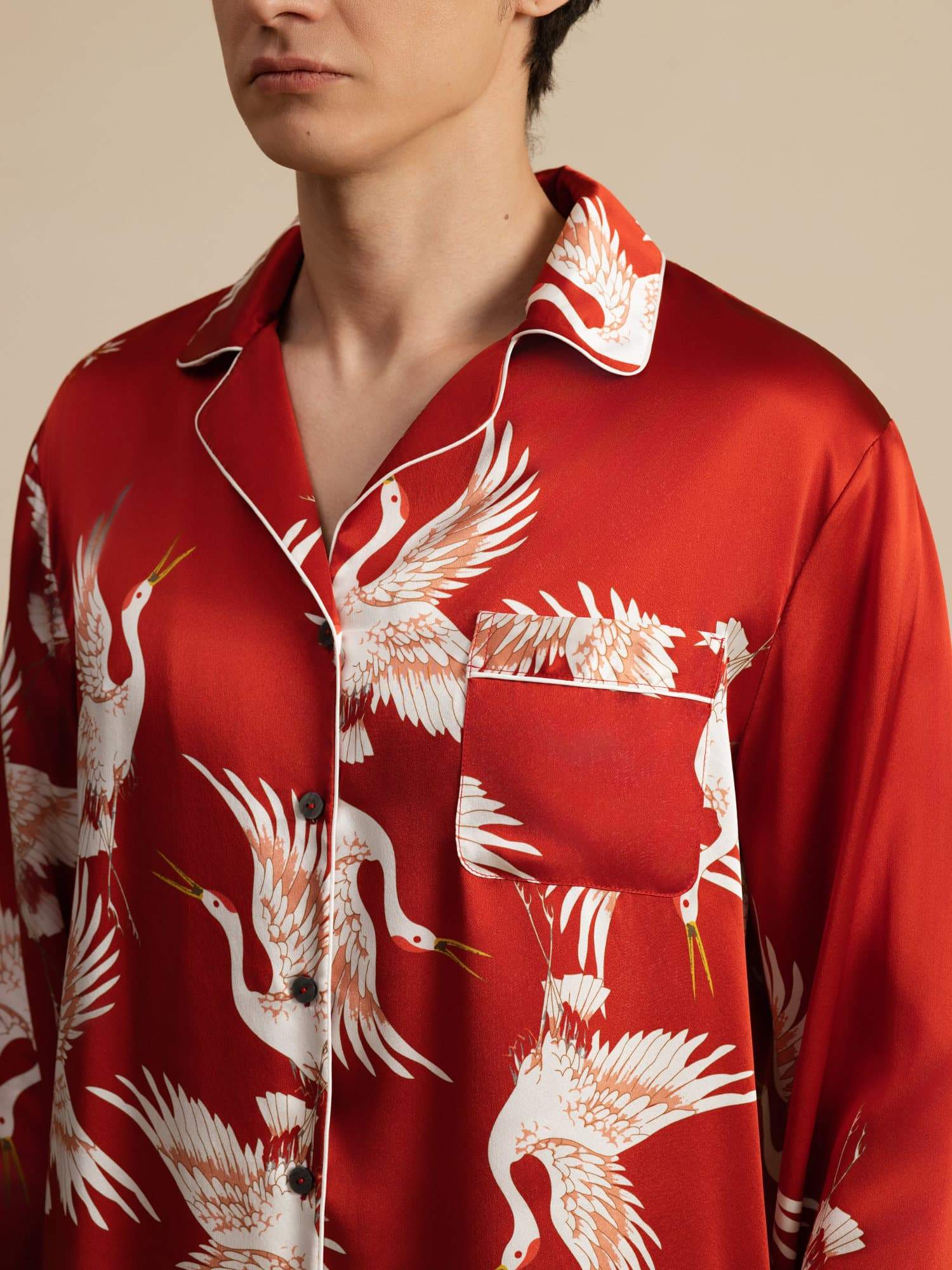 19Momme Pure Silk Men's Crane Print Long Sleeve Notch Collar Pajamas Set - Image 23