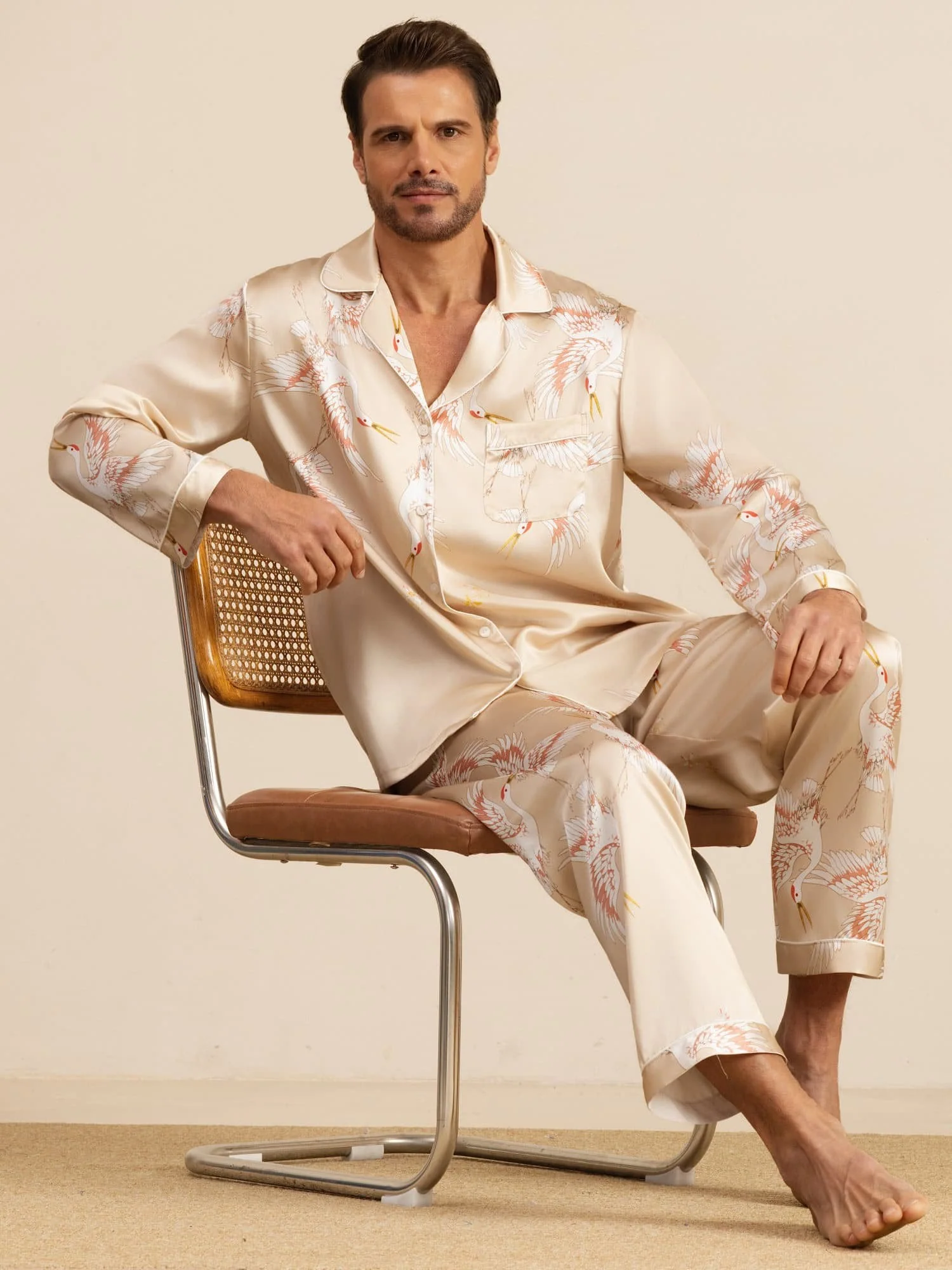 19Momme Pure Silk Men's Crane Print Long Sleeve Notch Collar Pajamas Set - Image 25