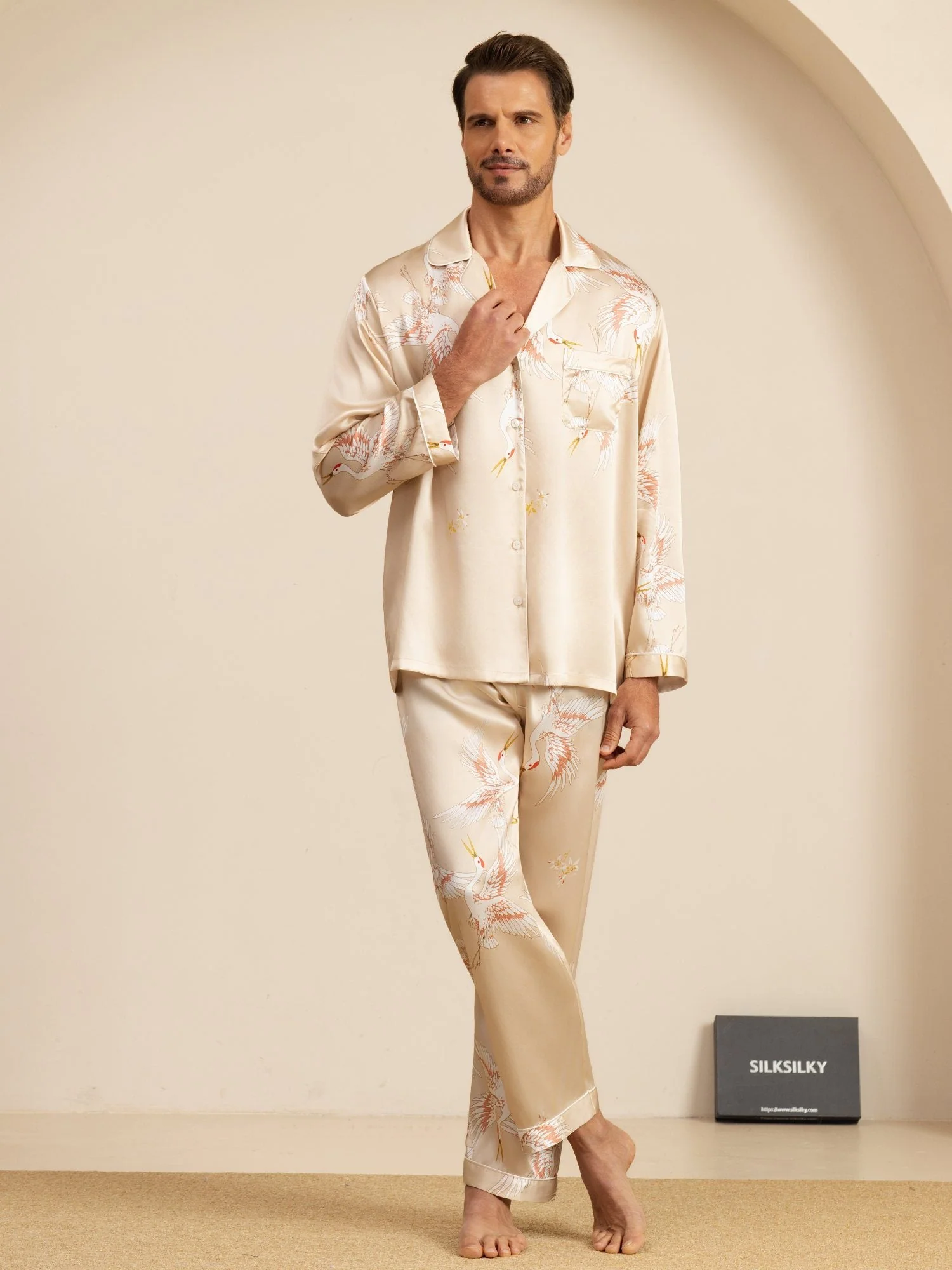 19Momme Pure Silk Men's Crane Print Long Sleeve Notch Collar Pajamas Set - Image 27