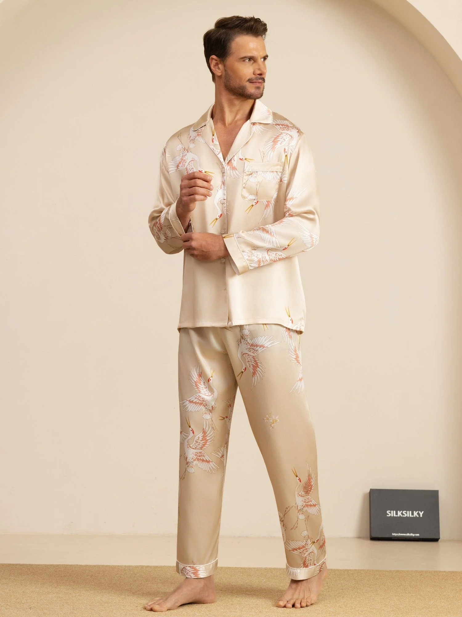 19Momme Pure Silk Men's Crane Print Long Sleeve Notch Collar Pajamas Set - Image 29