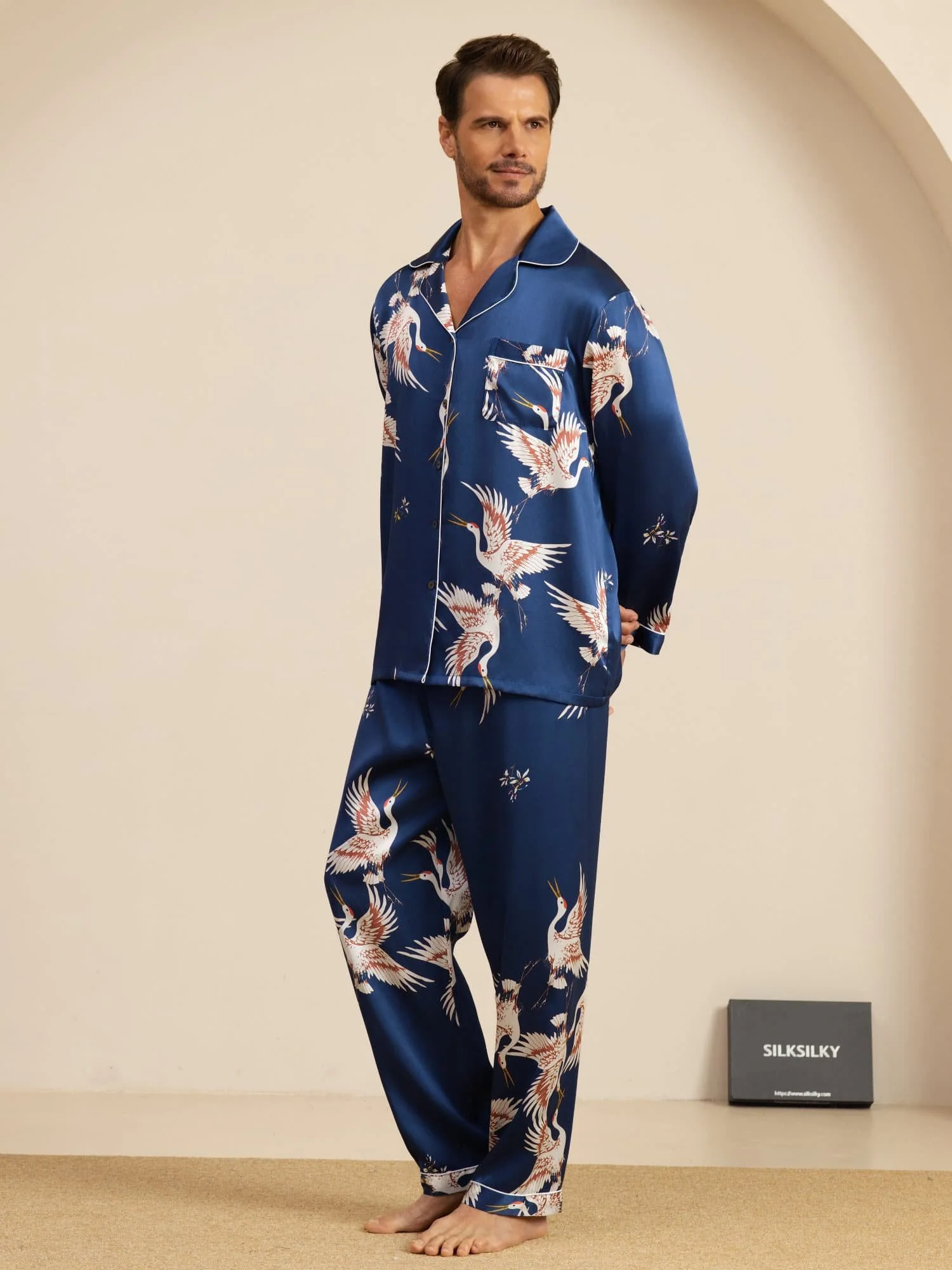 19Momme Pure Silk Men's Crane Print Long Sleeve Notch Collar Pajamas Set - Image 5