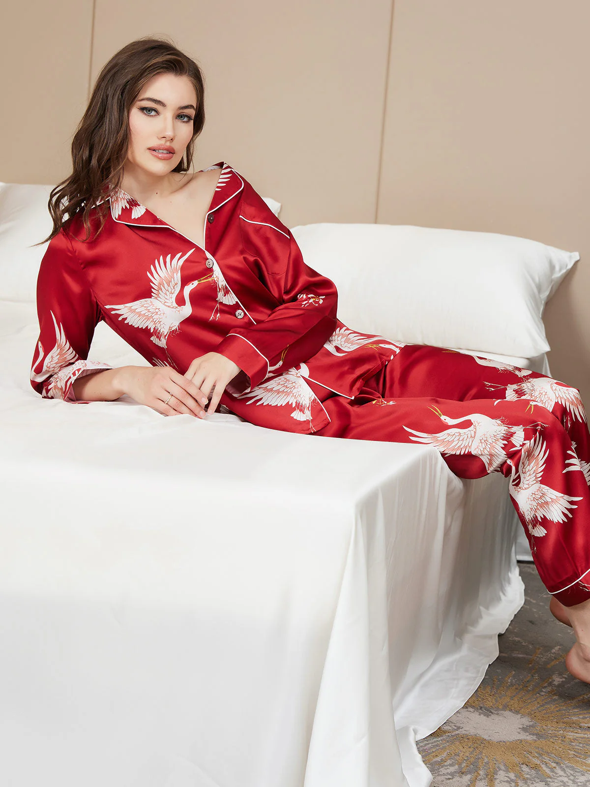 19Momme Women's Pure Silk Crane Print Long Sleeve Pyjamas Set - Image 39