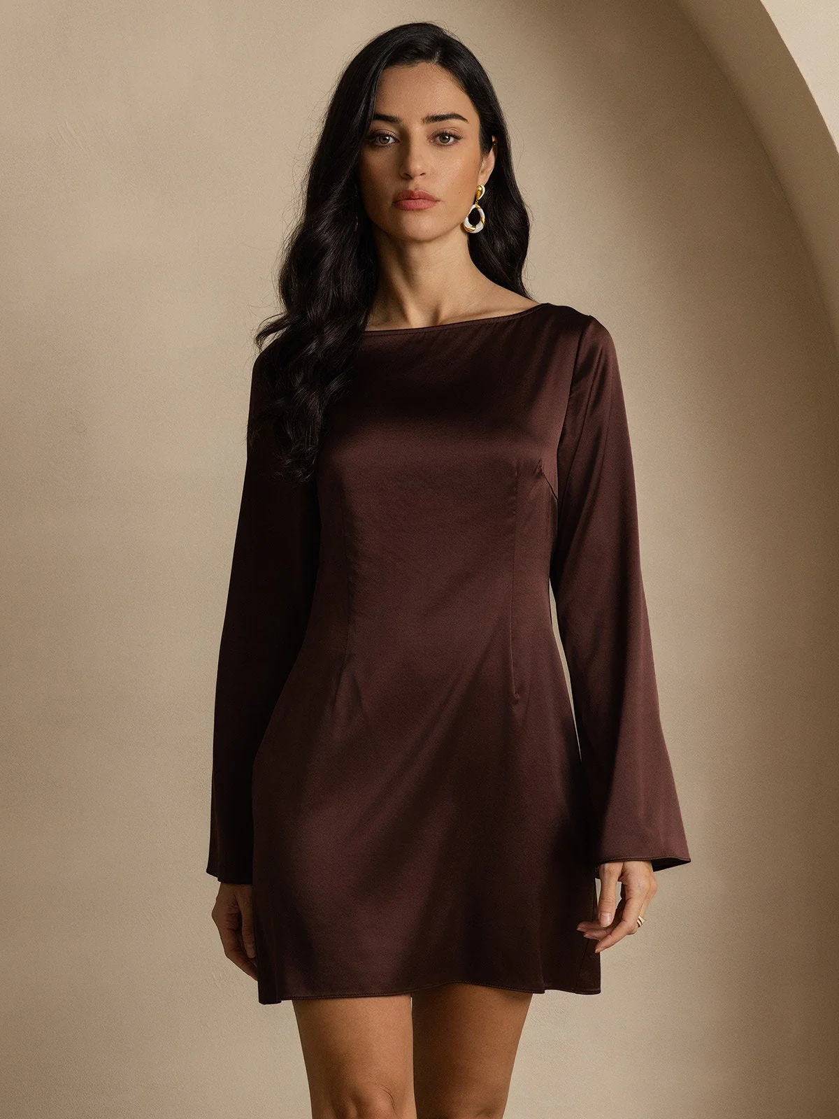 19Momme Silk Long Sleeve Boat Neck Short Dress - Image 10