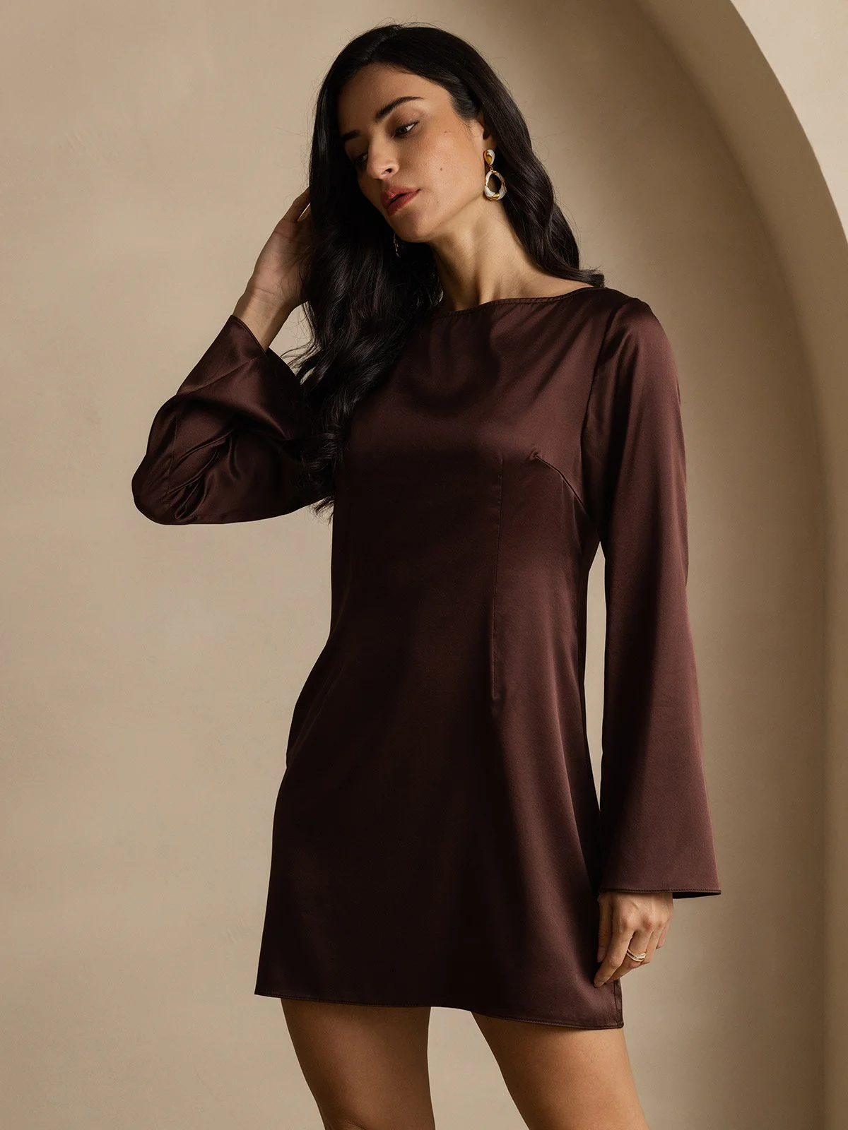 19Momme Silk Long Sleeve Boat Neck Short Dress - Image 11