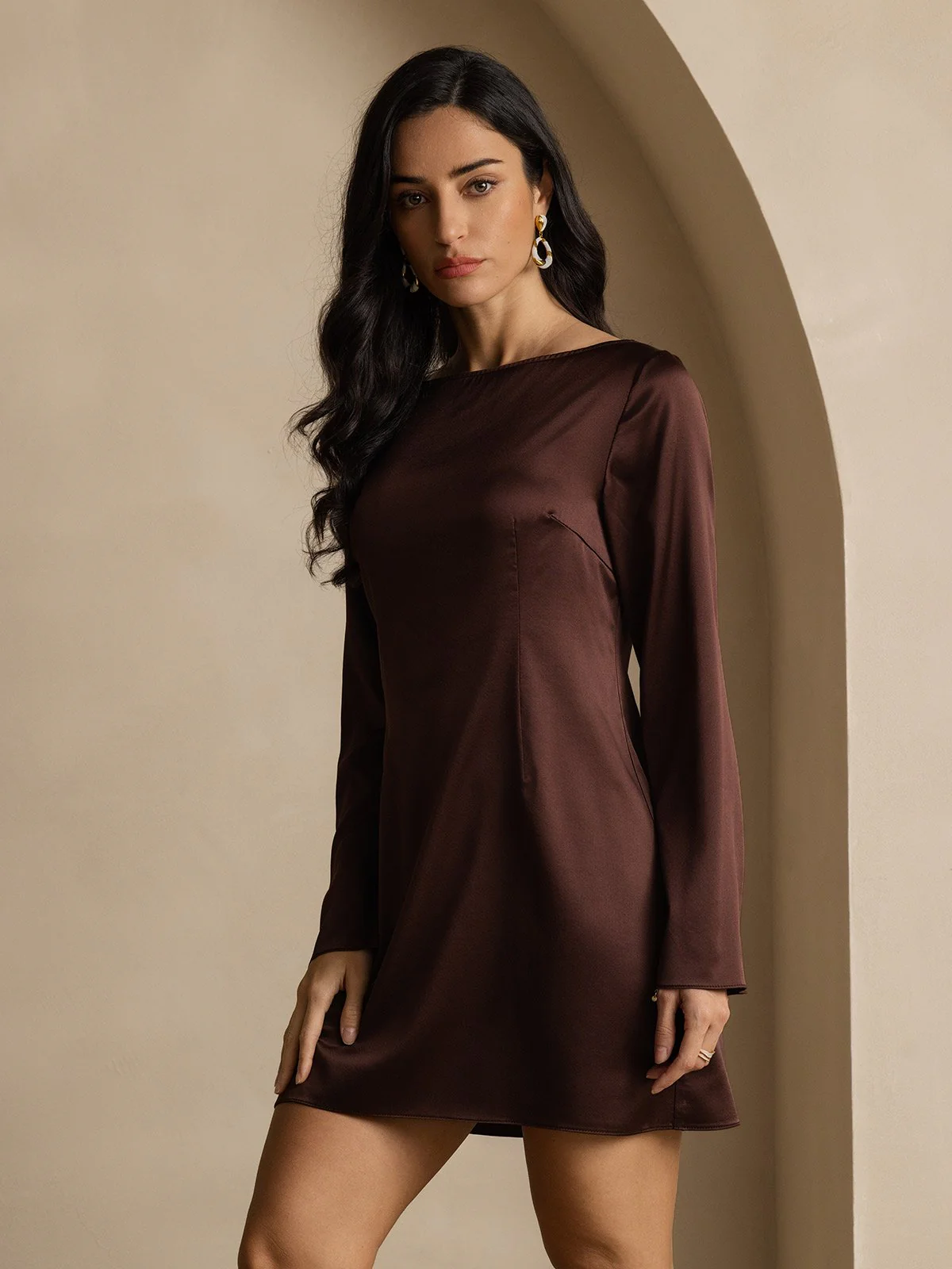 19Momme Silk Long Sleeve Boat Neck Short Dress - Image 12