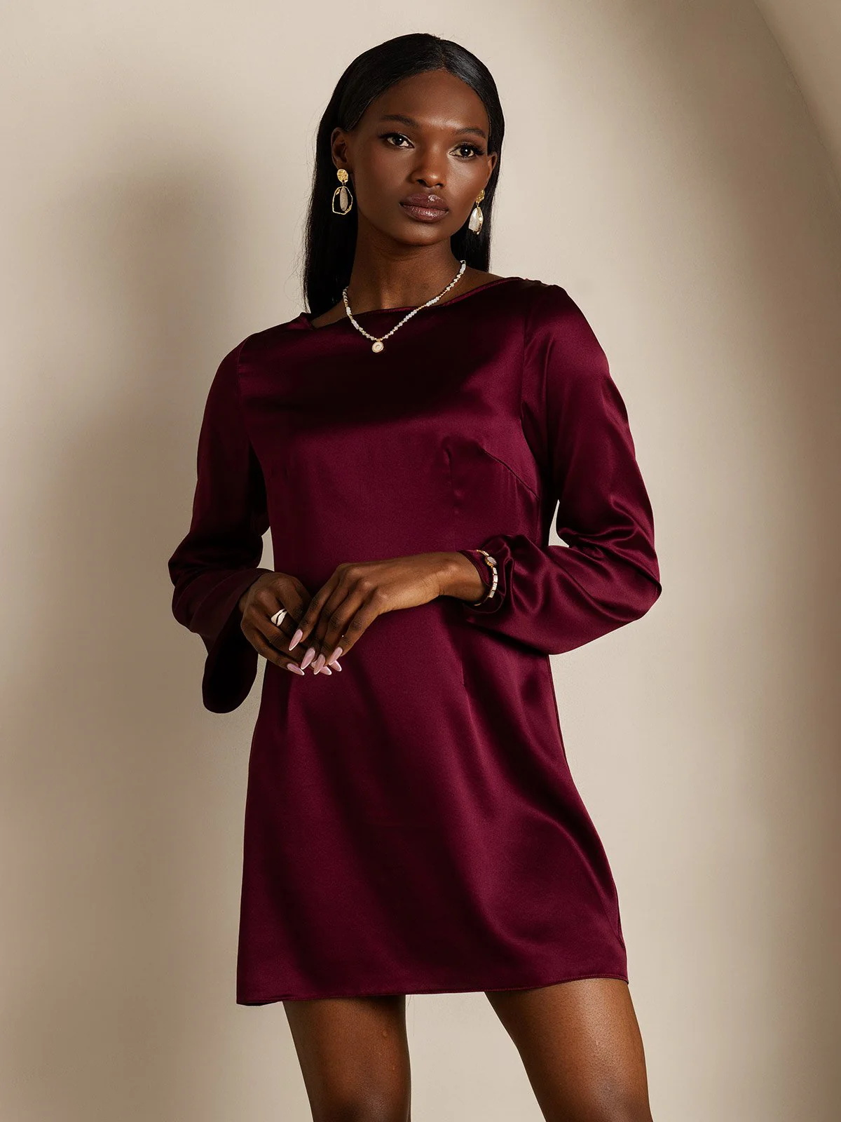 19Momme Silk Long Sleeve Boat Neck Short Dress - Image 3