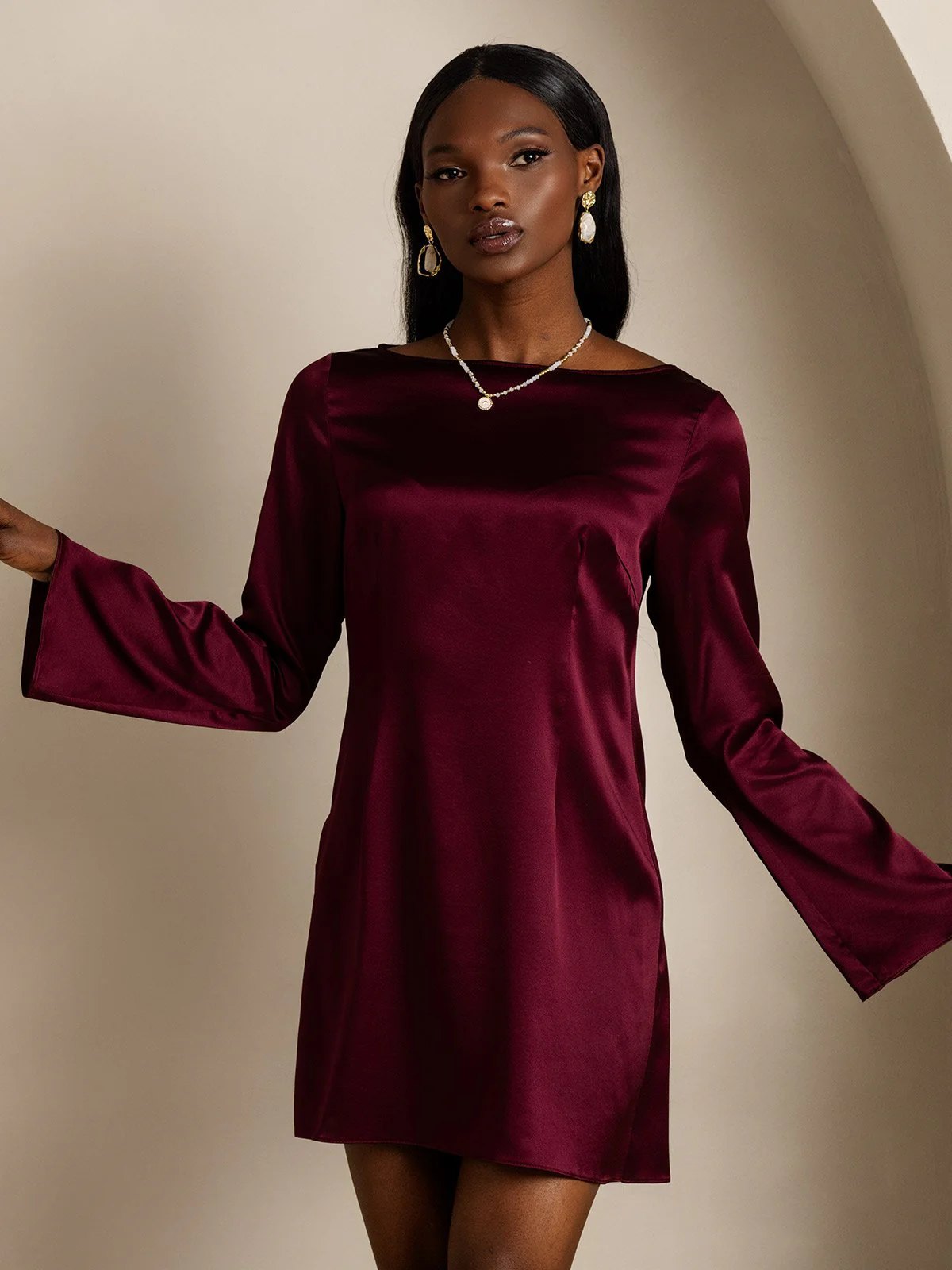 19Momme Silk Long Sleeve Boat Neck Short Dress - Image 4