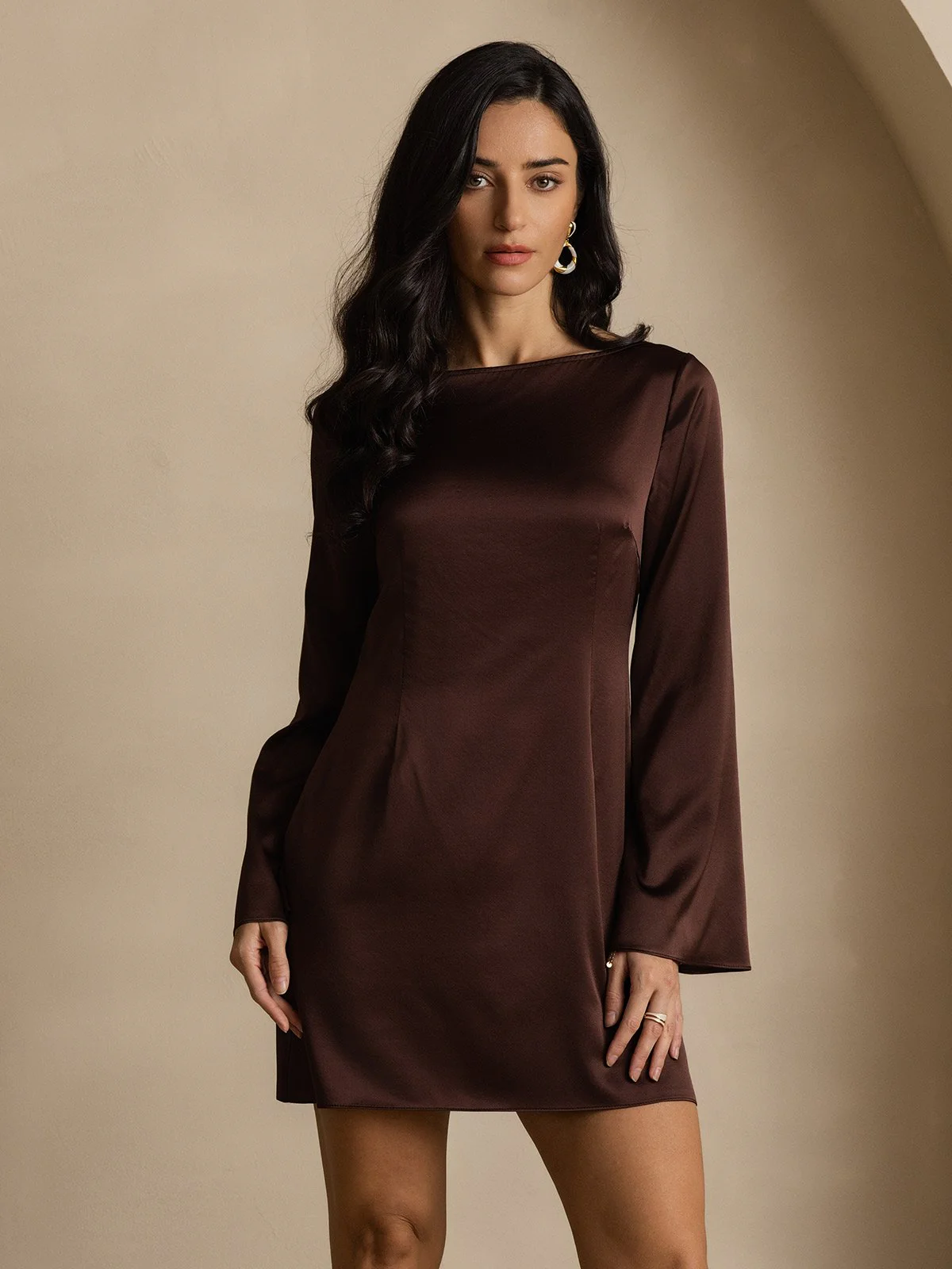 19Momme Silk Long Sleeve Boat Neck Short Dress - Image 8