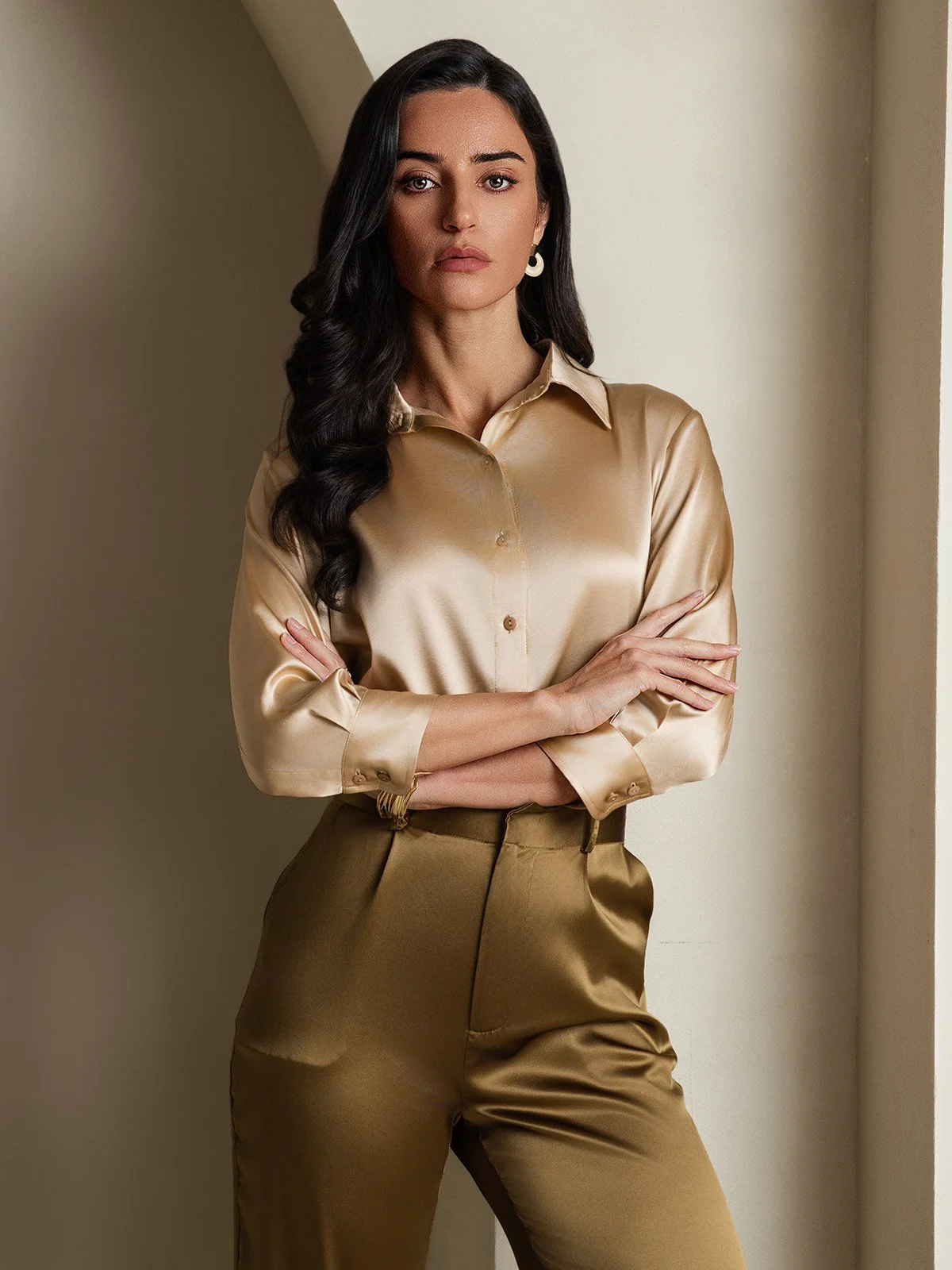 19Momme Silk 3/4 Sleeve Lapel Collar Women's Shirt with Button Up Design - Image 16