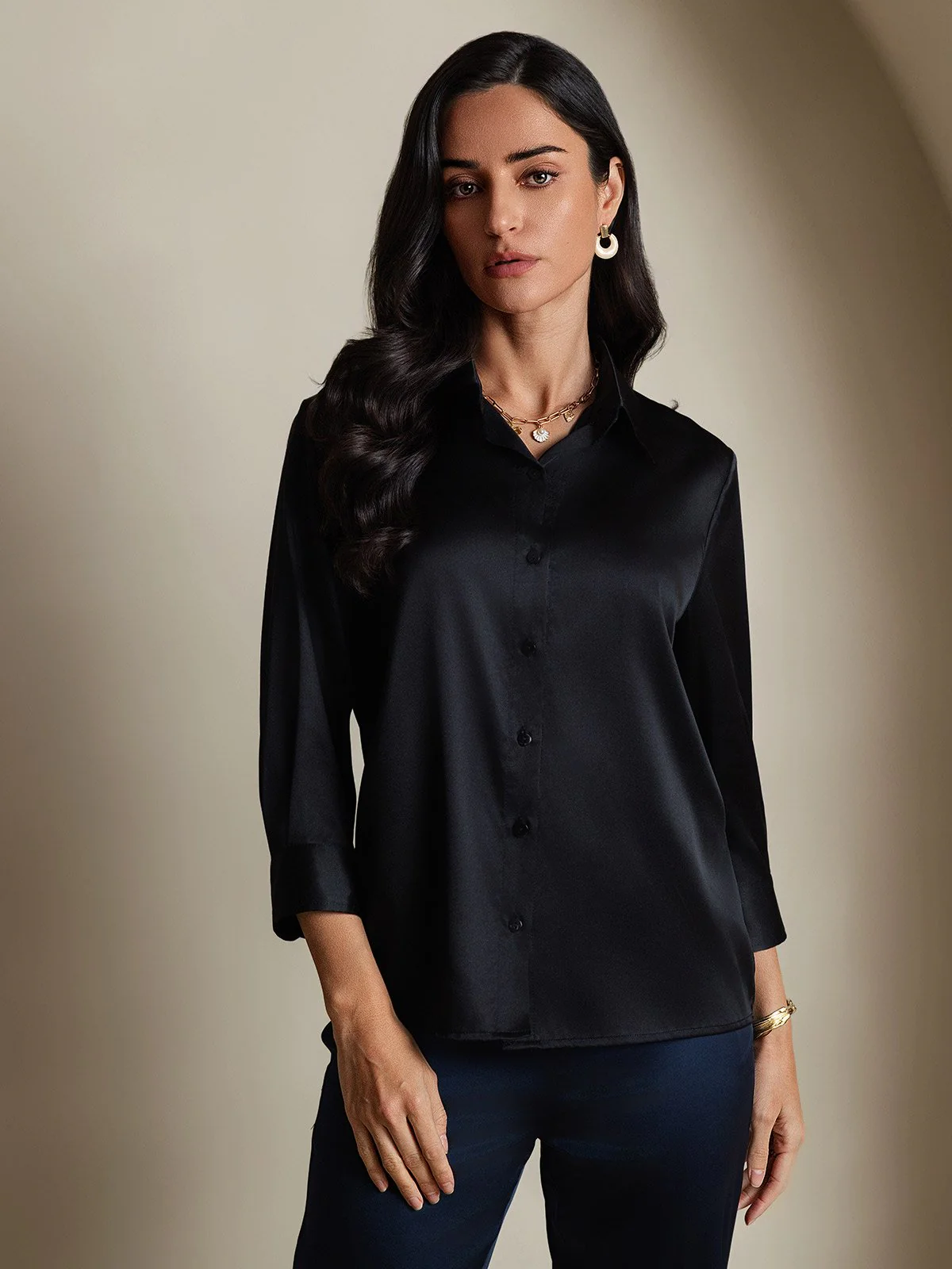 19Momme Silk 3/4 Sleeve Lapel Collar Women's Shirt with Button Up Design - Image 24