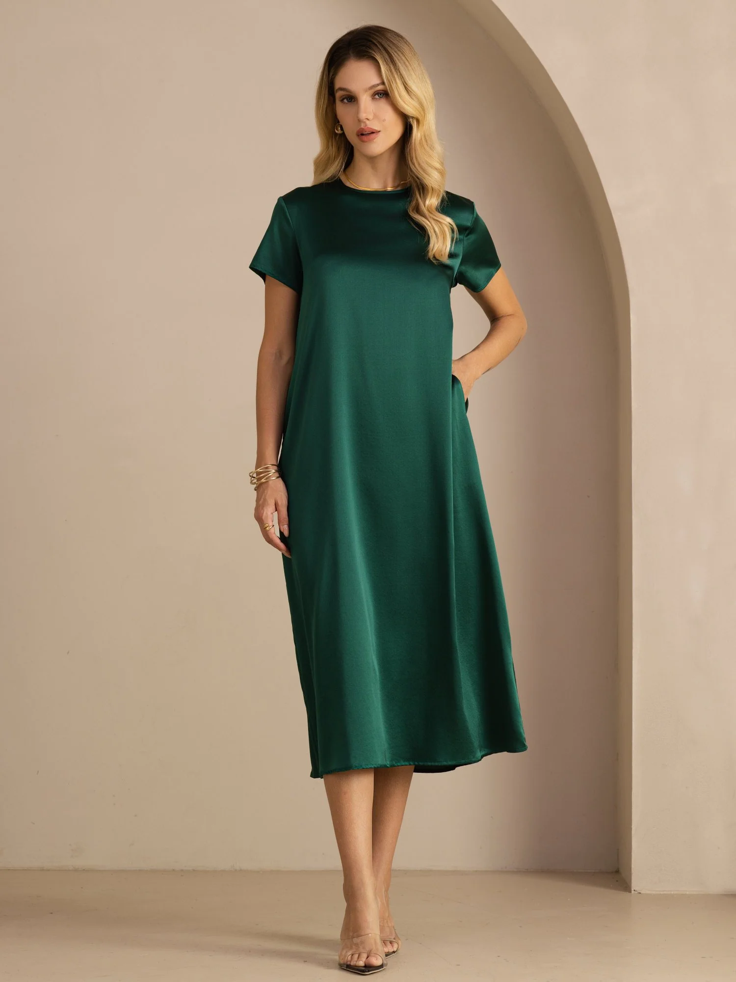 19Momme Silk Short Sleeve Crew Neck Midi Dress With Side Pockets