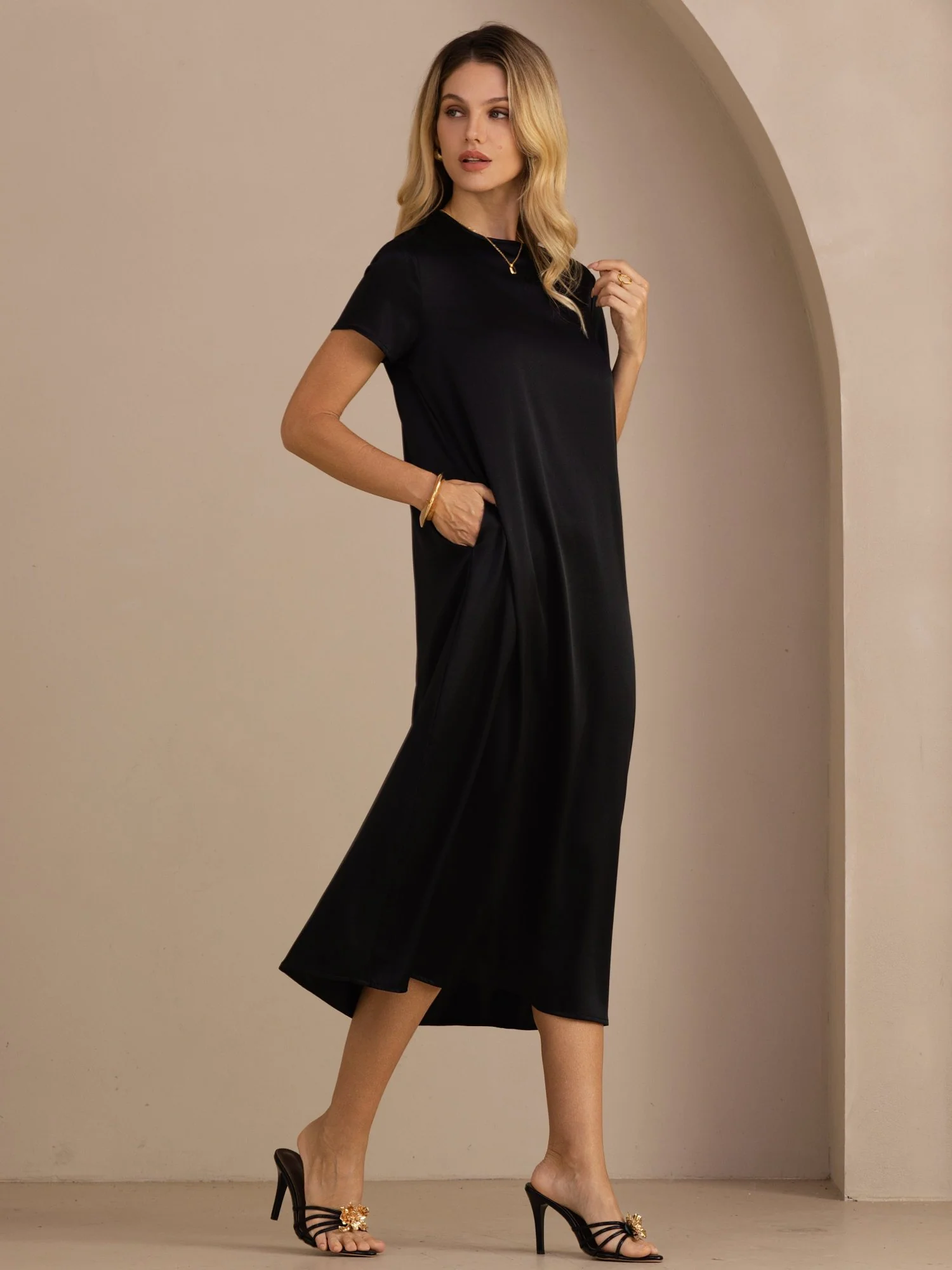 19Momme Silk Short Sleeve Crew Neck Midi Dress With Side Pockets - Image 20