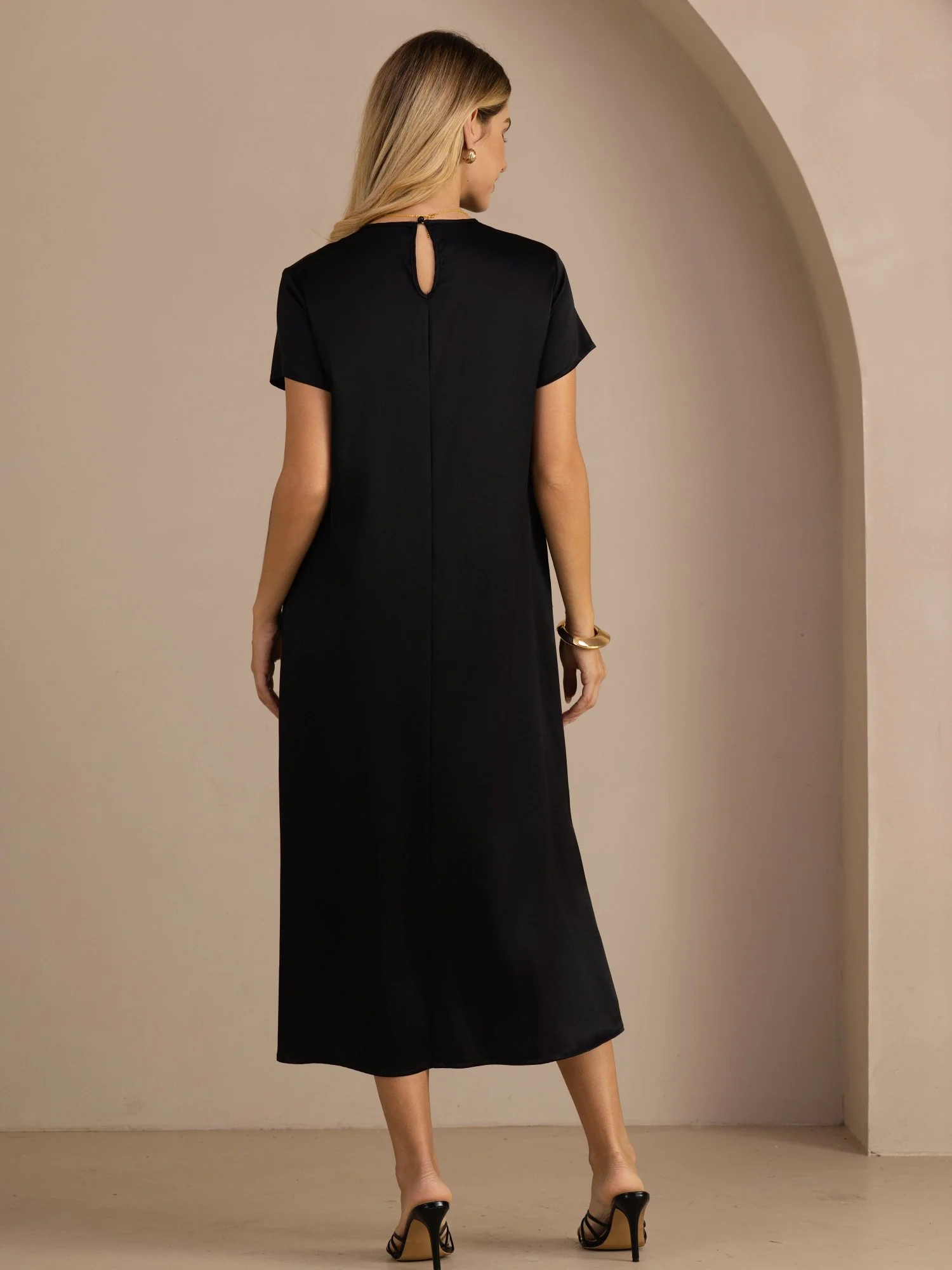19Momme Silk Short Sleeve Crew Neck Midi Dress With Side Pockets - Image 21