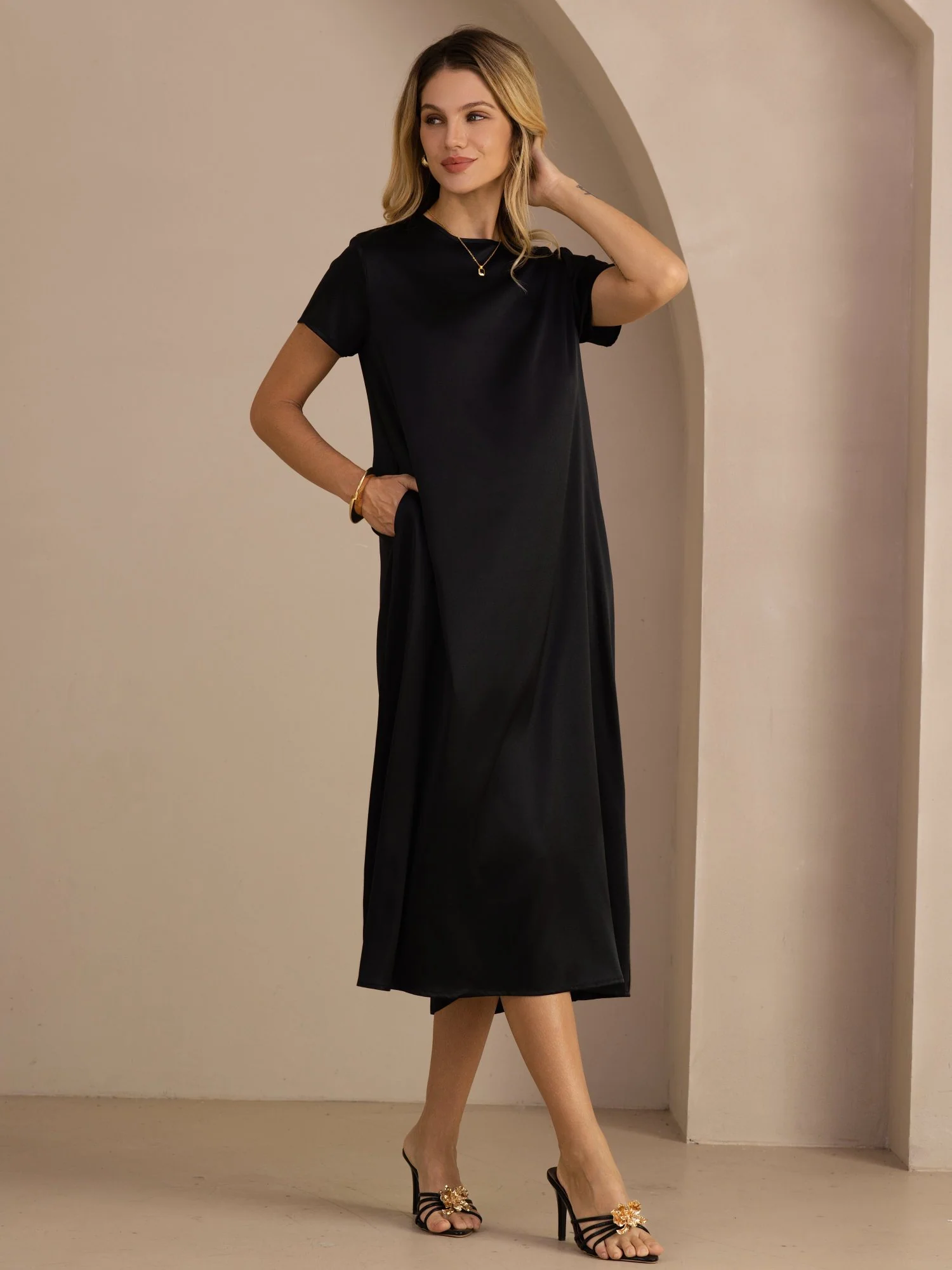 19Momme Silk Short Sleeve Crew Neck Midi Dress With Side Pockets - Image 23