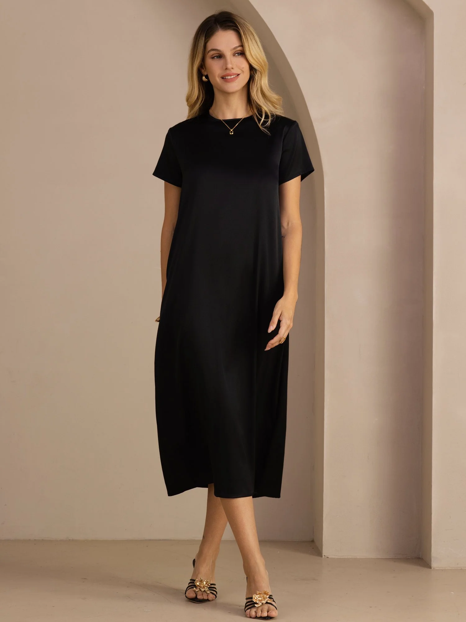 19Momme Silk Short Sleeve Crew Neck Midi Dress With Side Pockets - Image 26