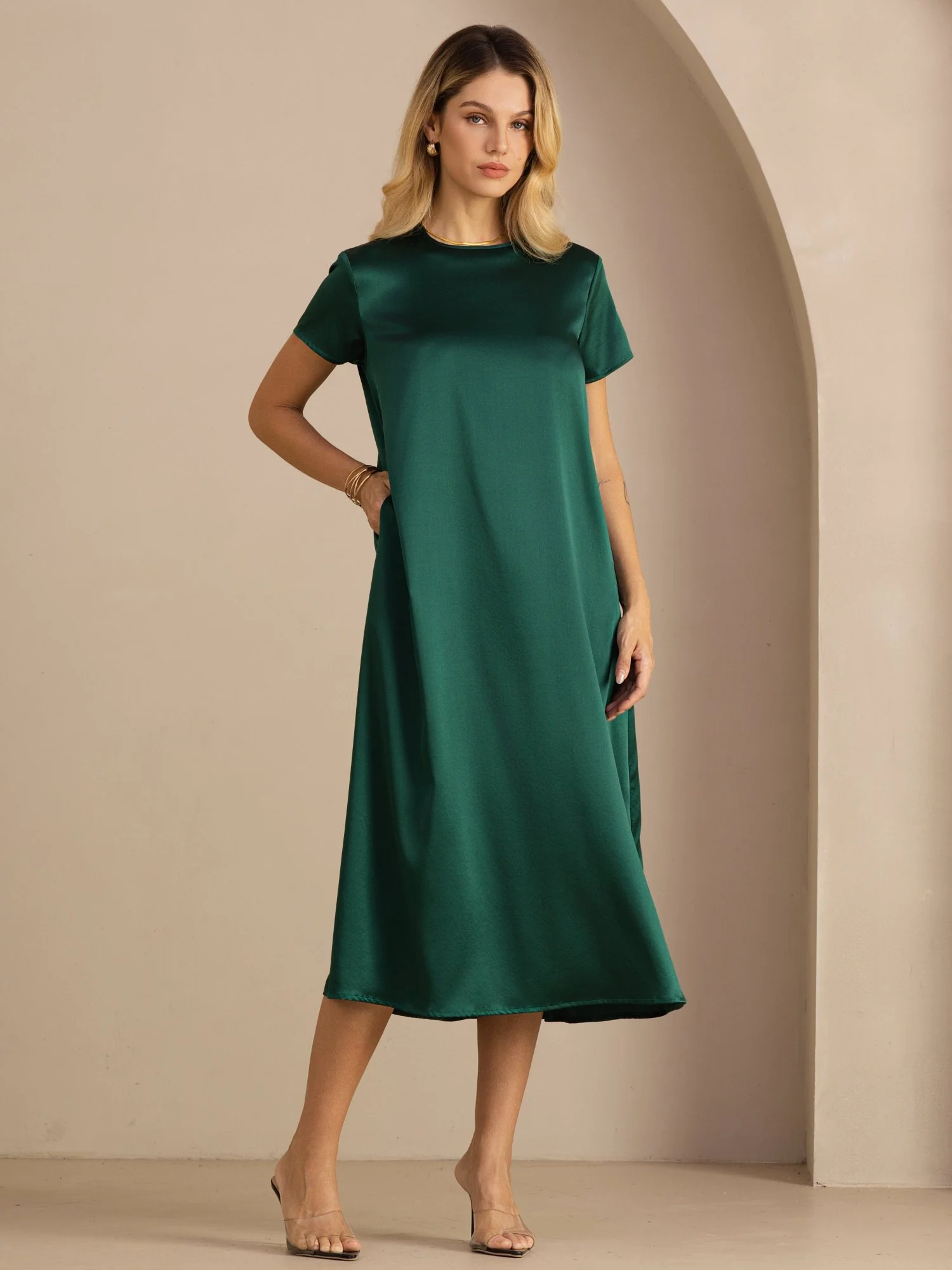 19Momme Silk Short Sleeve Crew Neck Midi Dress With Side Pockets - Image 3