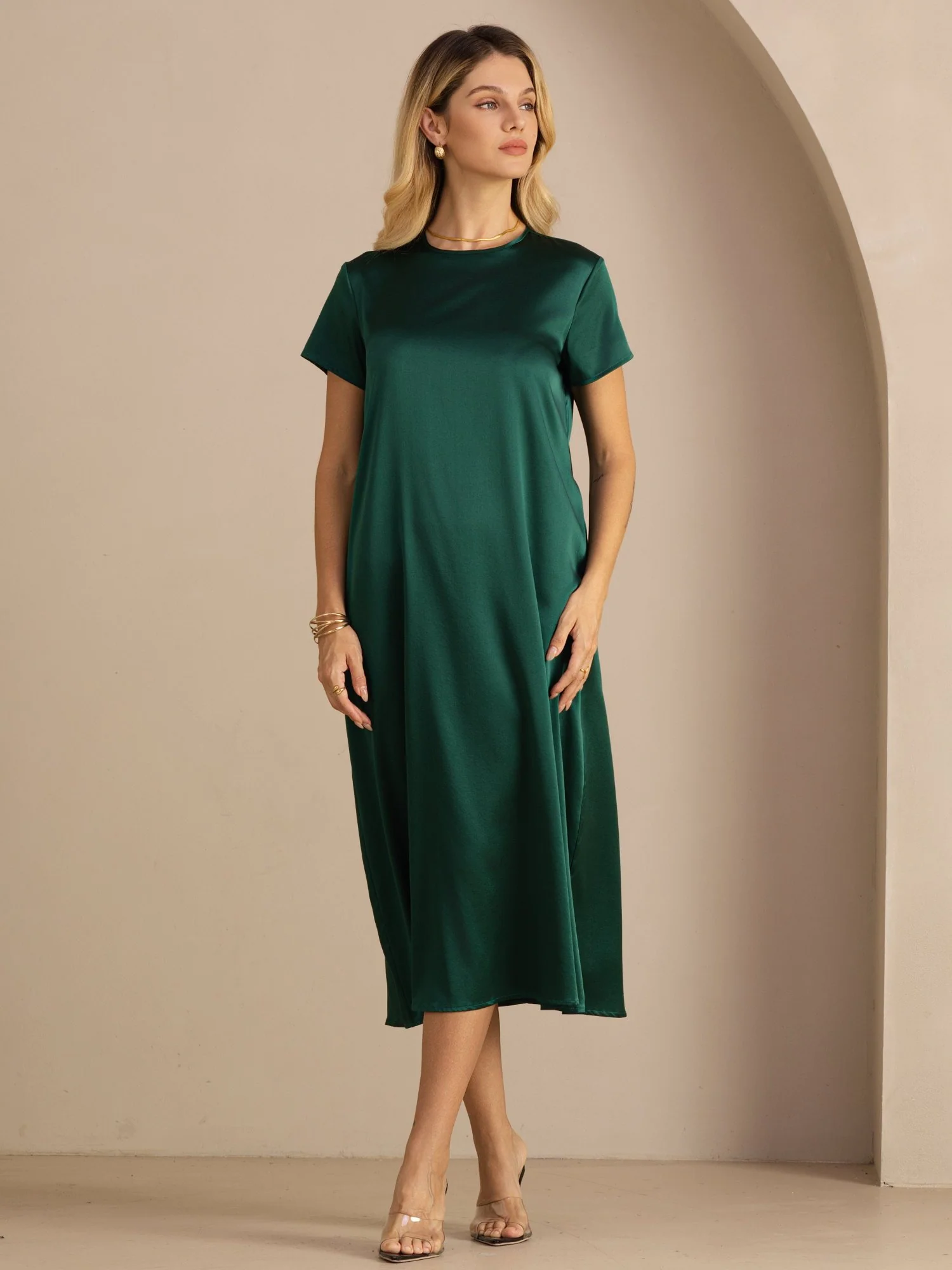 19Momme Silk Short Sleeve Crew Neck Midi Dress With Side Pockets - Image 5
