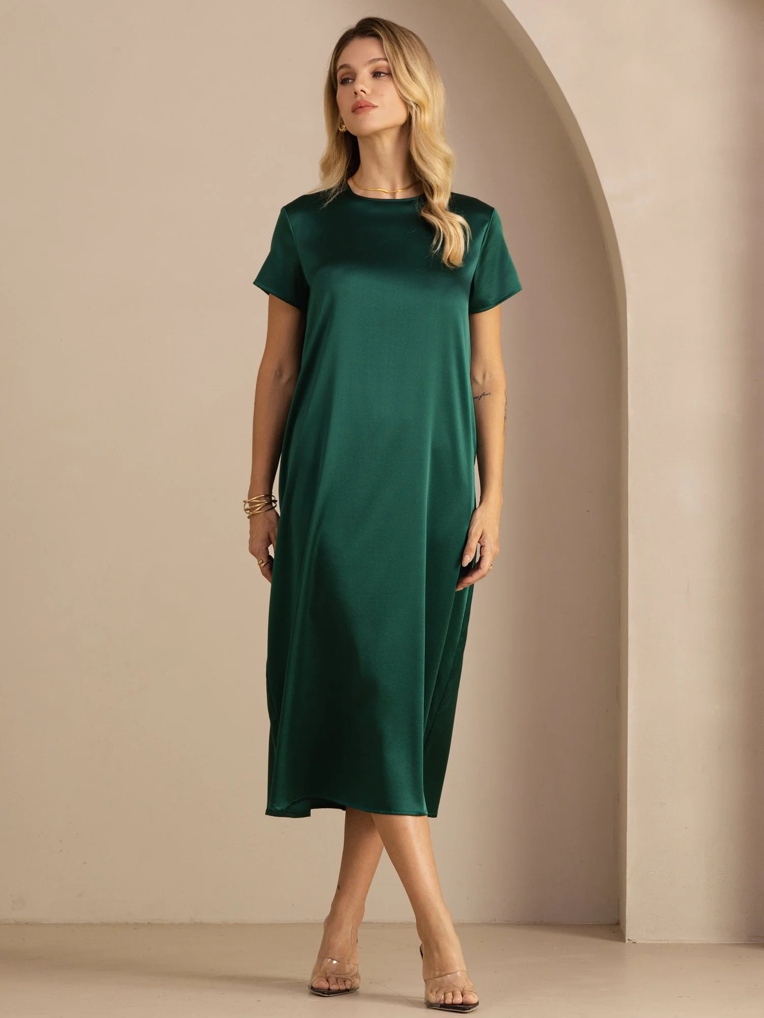 19Momme Silk Short Sleeve Crew Neck Midi Dress With Side Pockets - Image 7