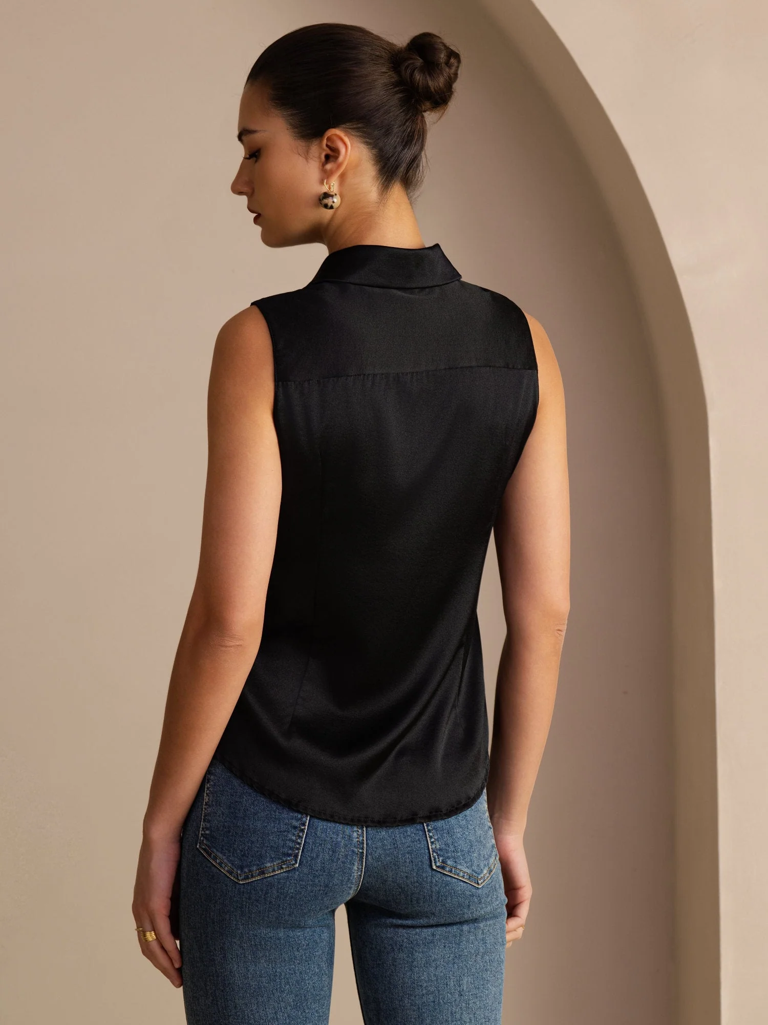 19Momme Silk Sleeveless Lapel Collar Women's Shirt with Button Up Design - Image 16