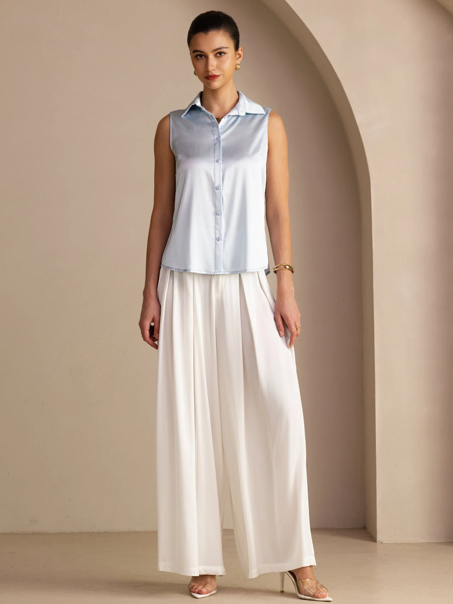 19Momme Silk Sleeveless Lapel Collar Women's Shirt with Button Up Design - Image 26