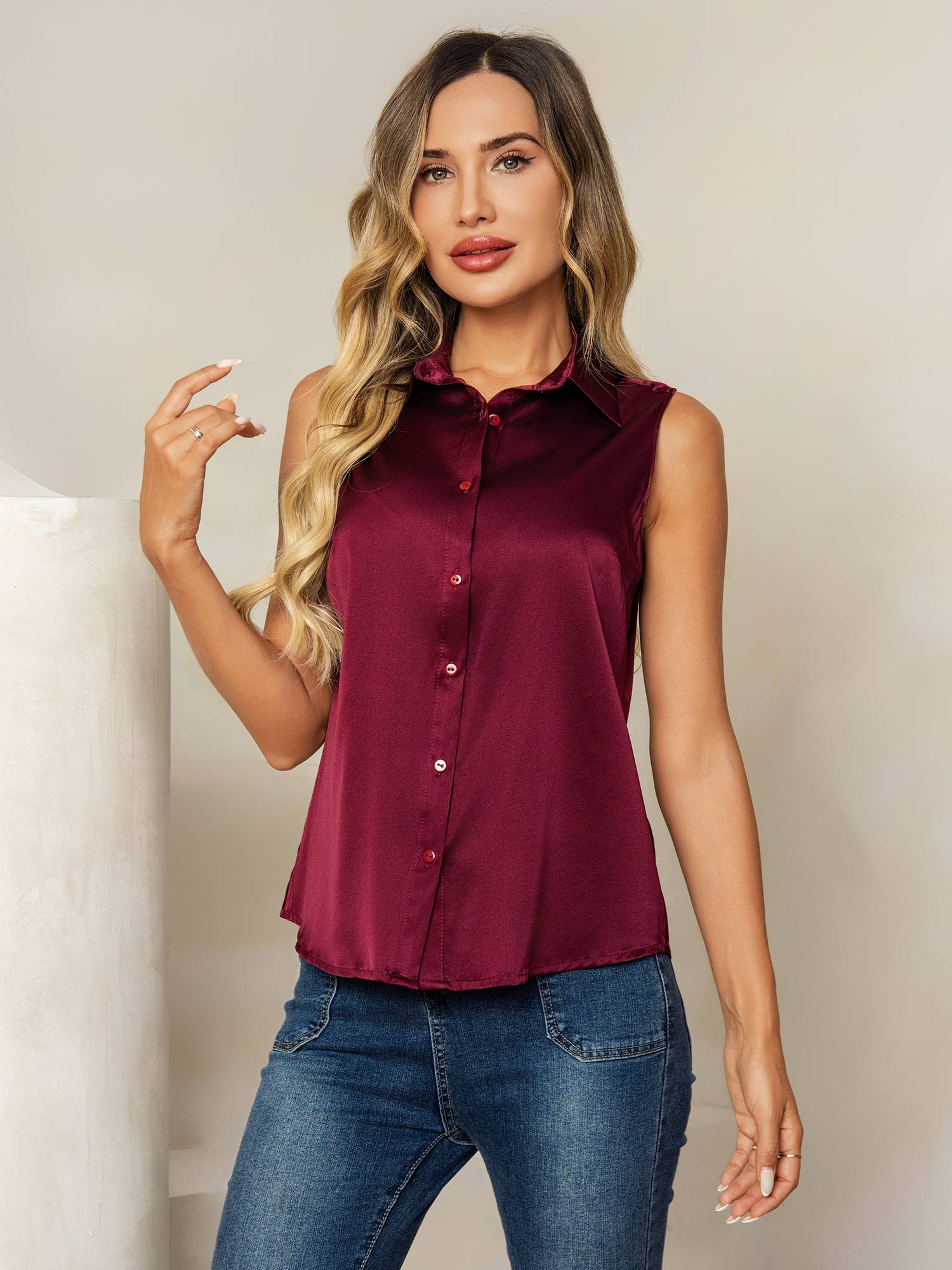 19Momme Silk Sleeveless Lapel Collar Women's Shirt with Button Up Design - Image 34