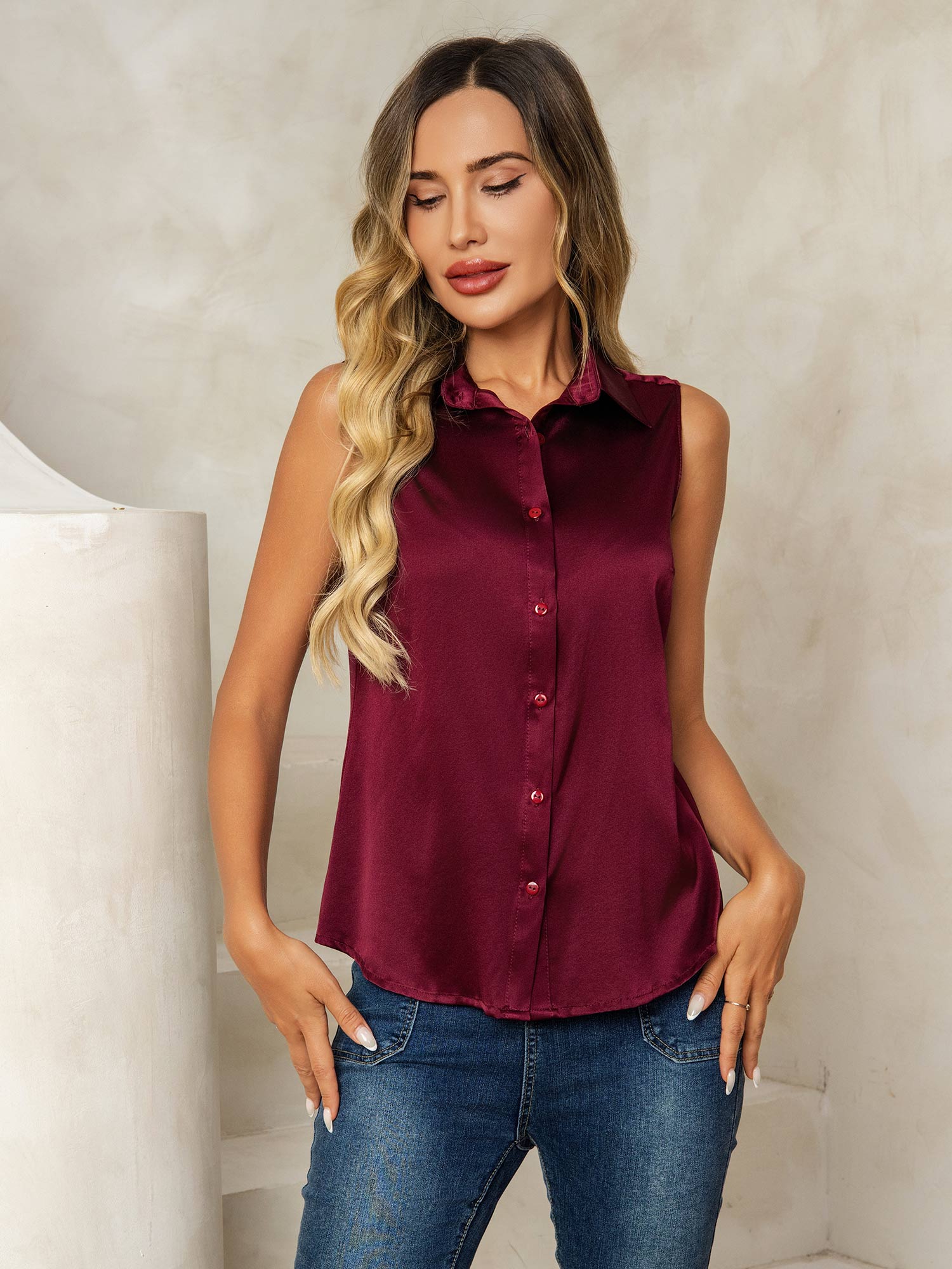 19Momme Silk Sleeveless Lapel Collar Women's Shirt with Button Up Design - Image 39