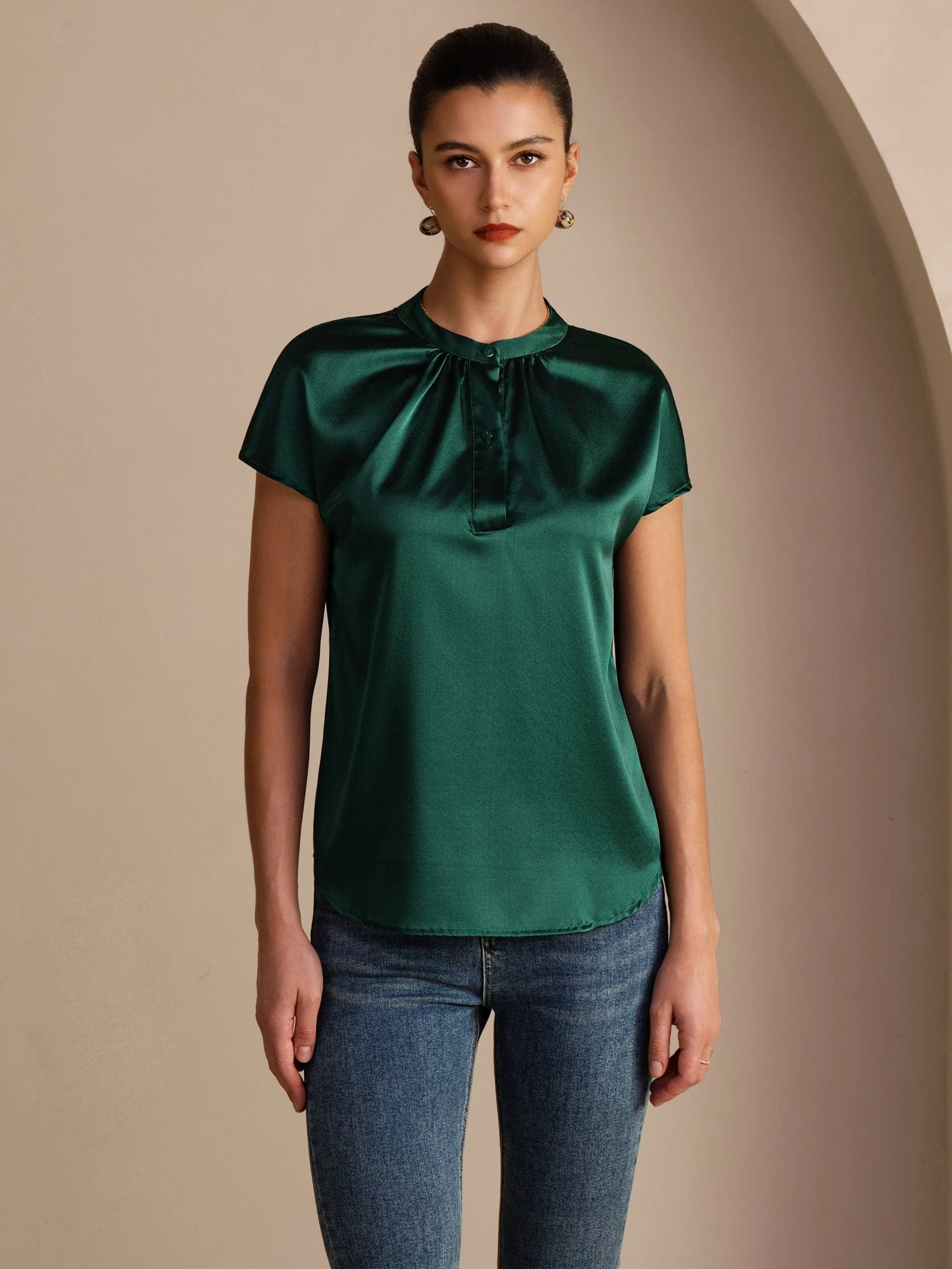19Momme Silk Women’s Split Neck Short Sleeve Blouse