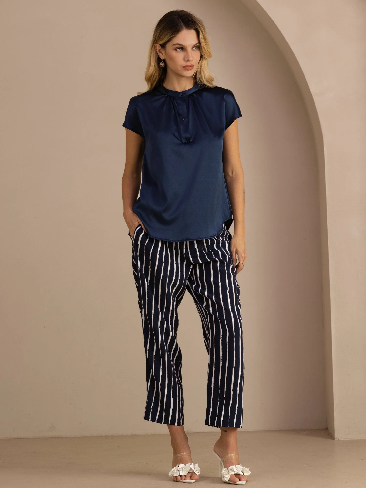 19Momme Silk Women’s Split Neck Short Sleeve Blouse - Image 12