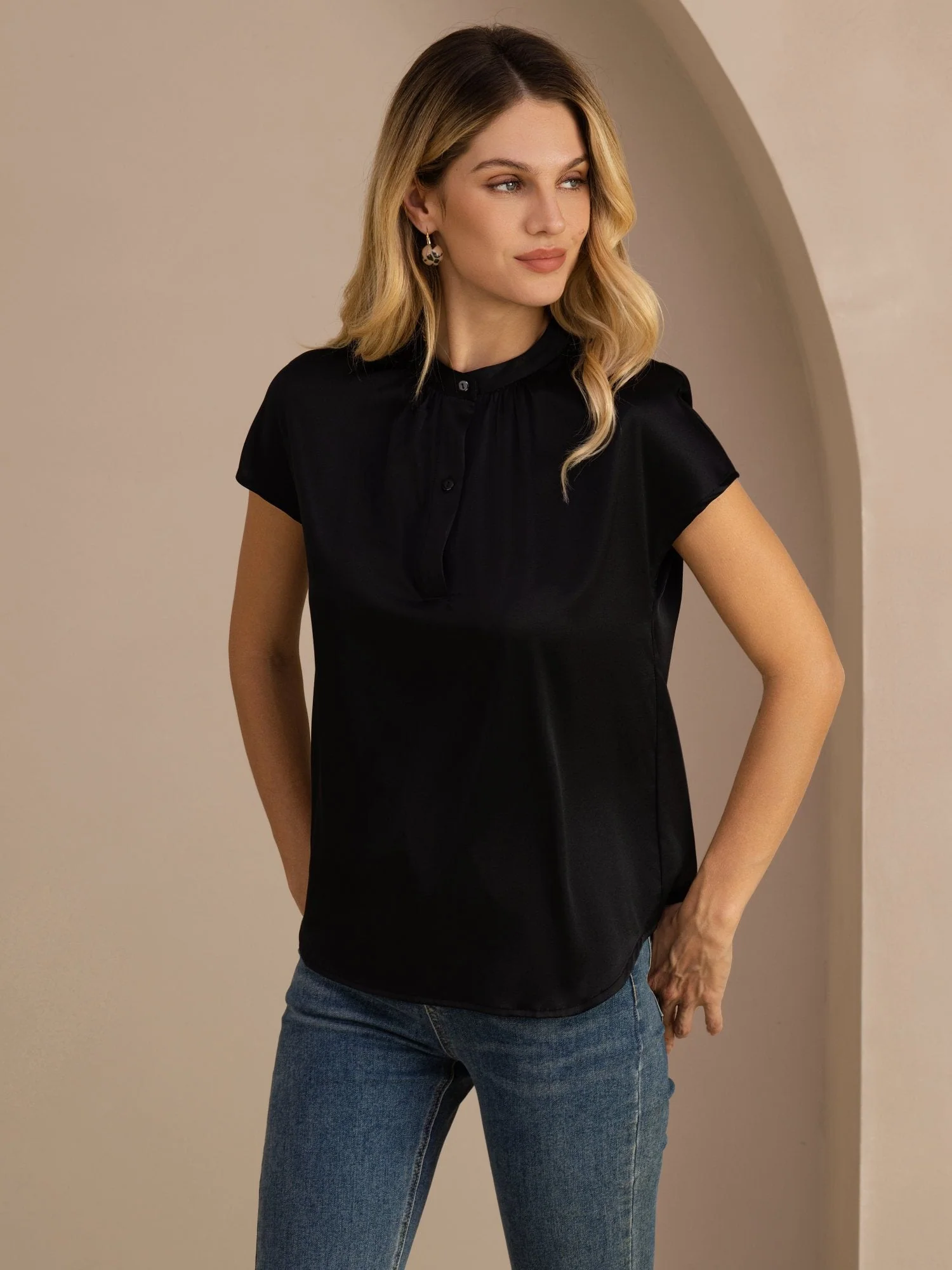 19Momme Silk Women’s Split Neck Short Sleeve Blouse - Image 13