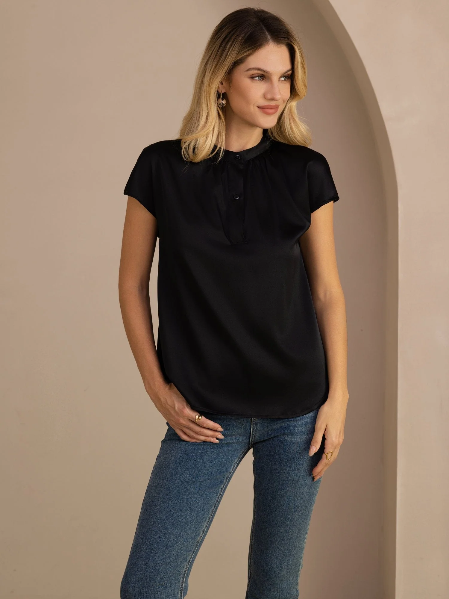 19Momme Silk Women’s Split Neck Short Sleeve Blouse - Image 15