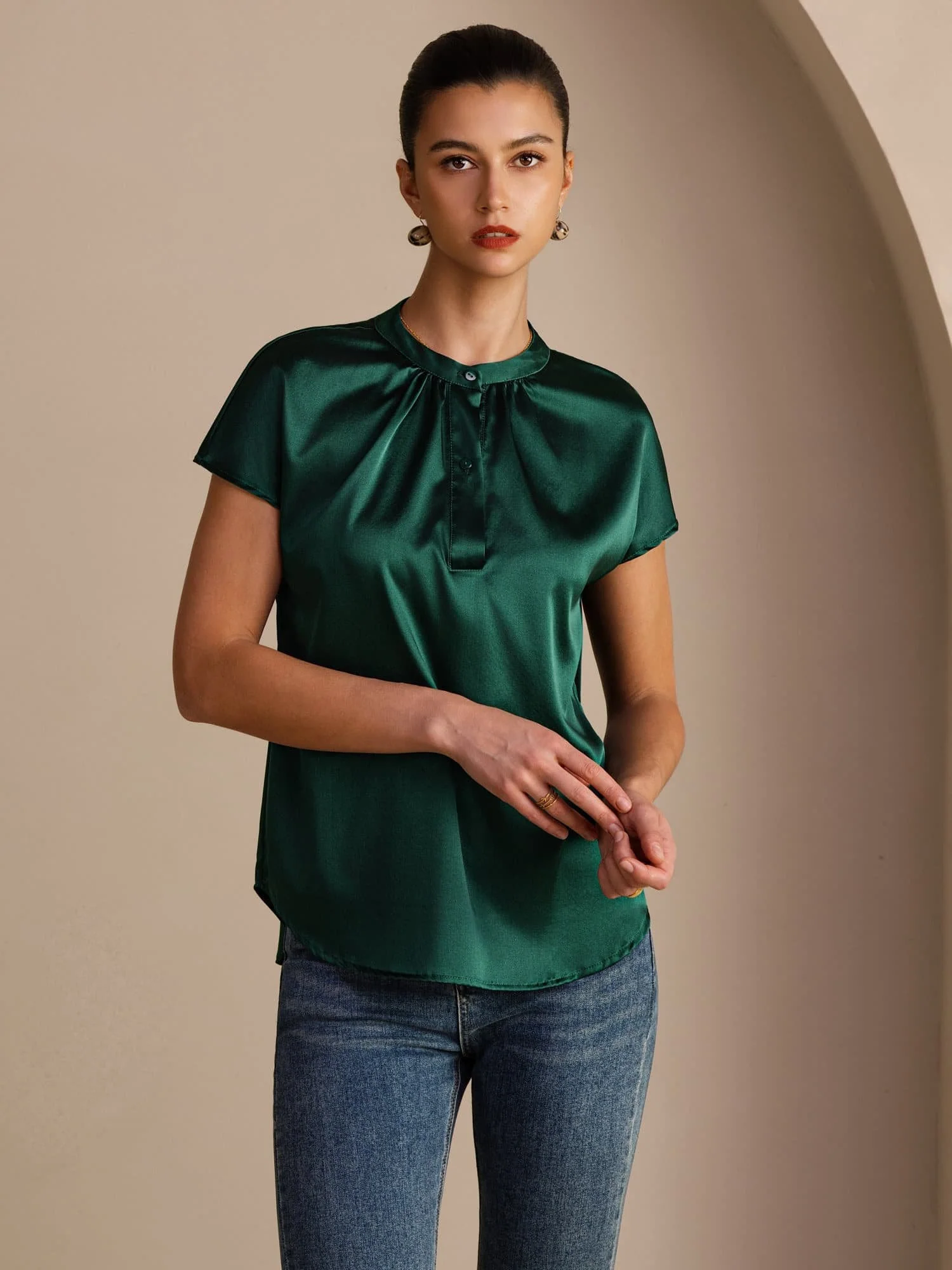 19Momme Silk Women’s Split Neck Short Sleeve Blouse - Image 3