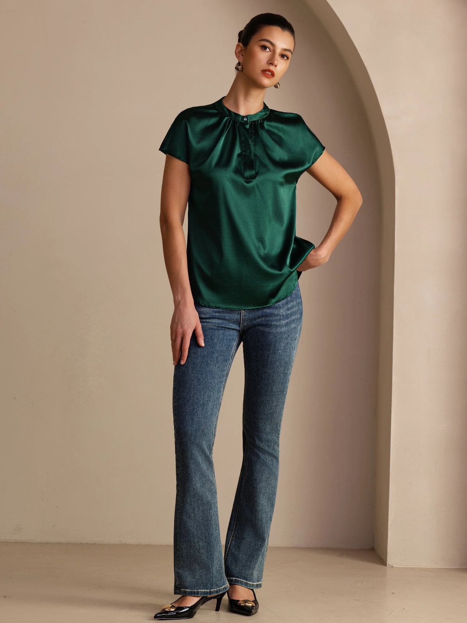 19Momme Silk Women’s Split Neck Short Sleeve Blouse - Image 6