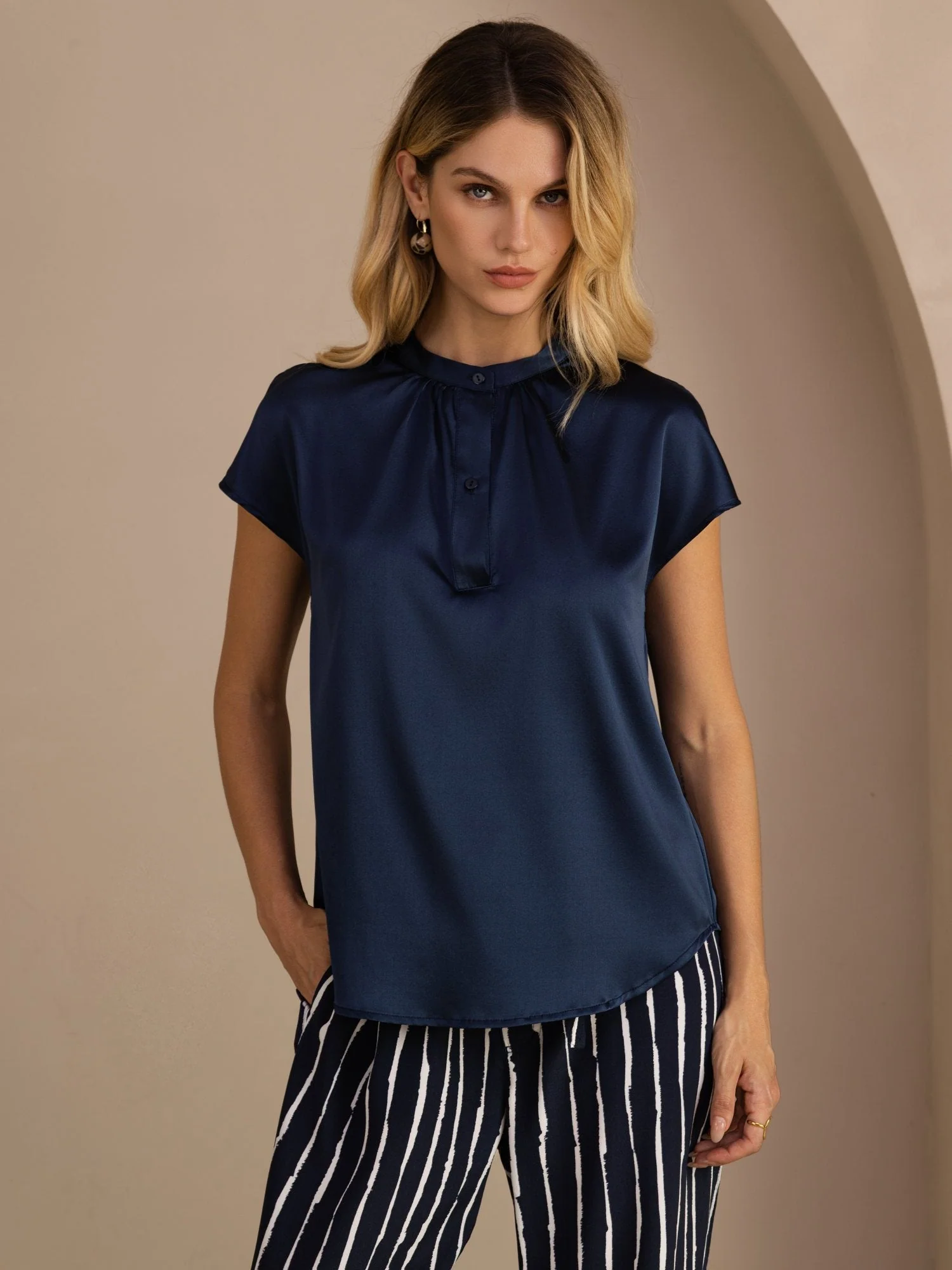 19Momme Silk Women’s Split Neck Short Sleeve Blouse - Image 9