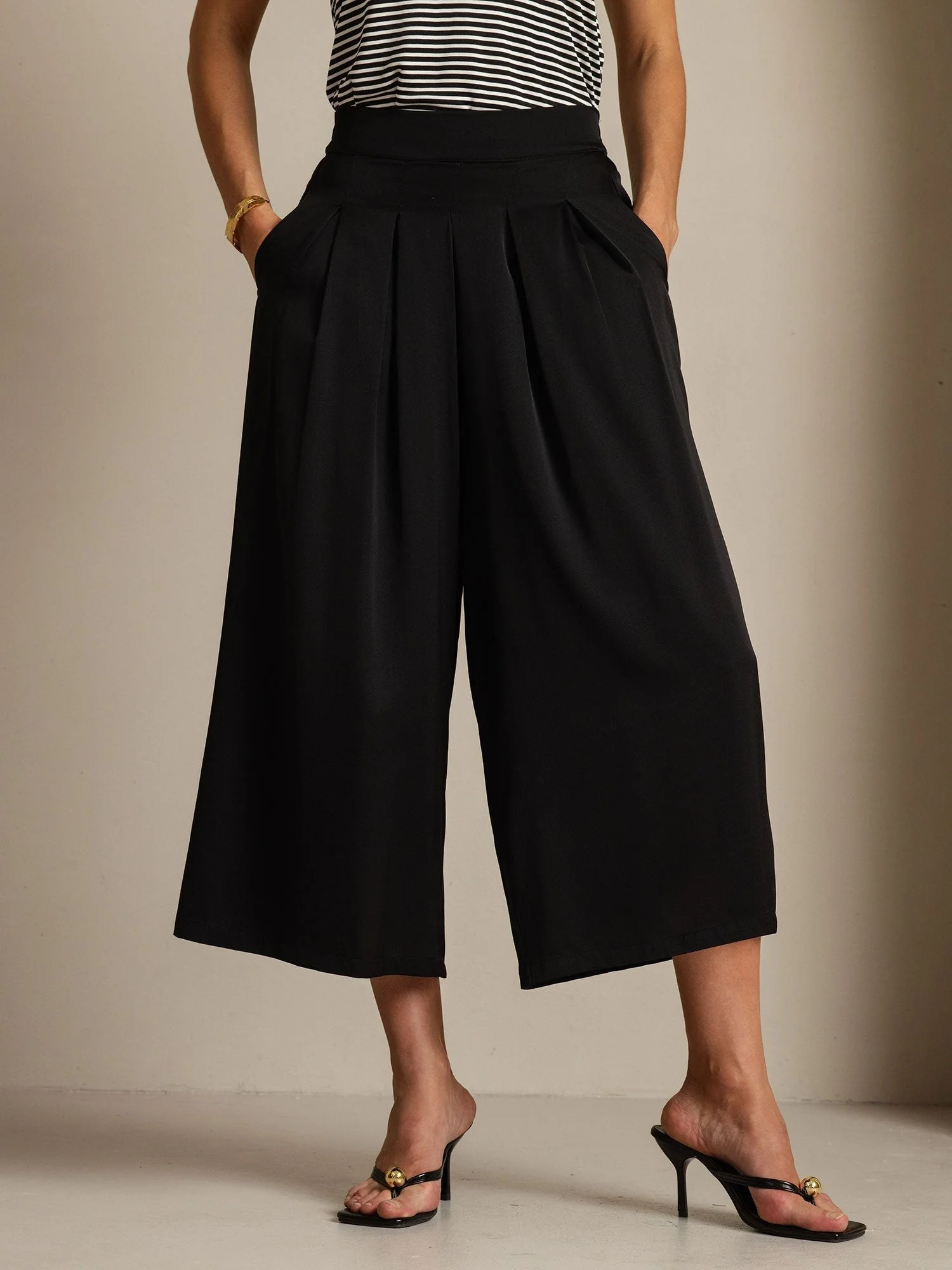 19Momme Silk Women's High Waist Pleated Wide Leg Capri Pants