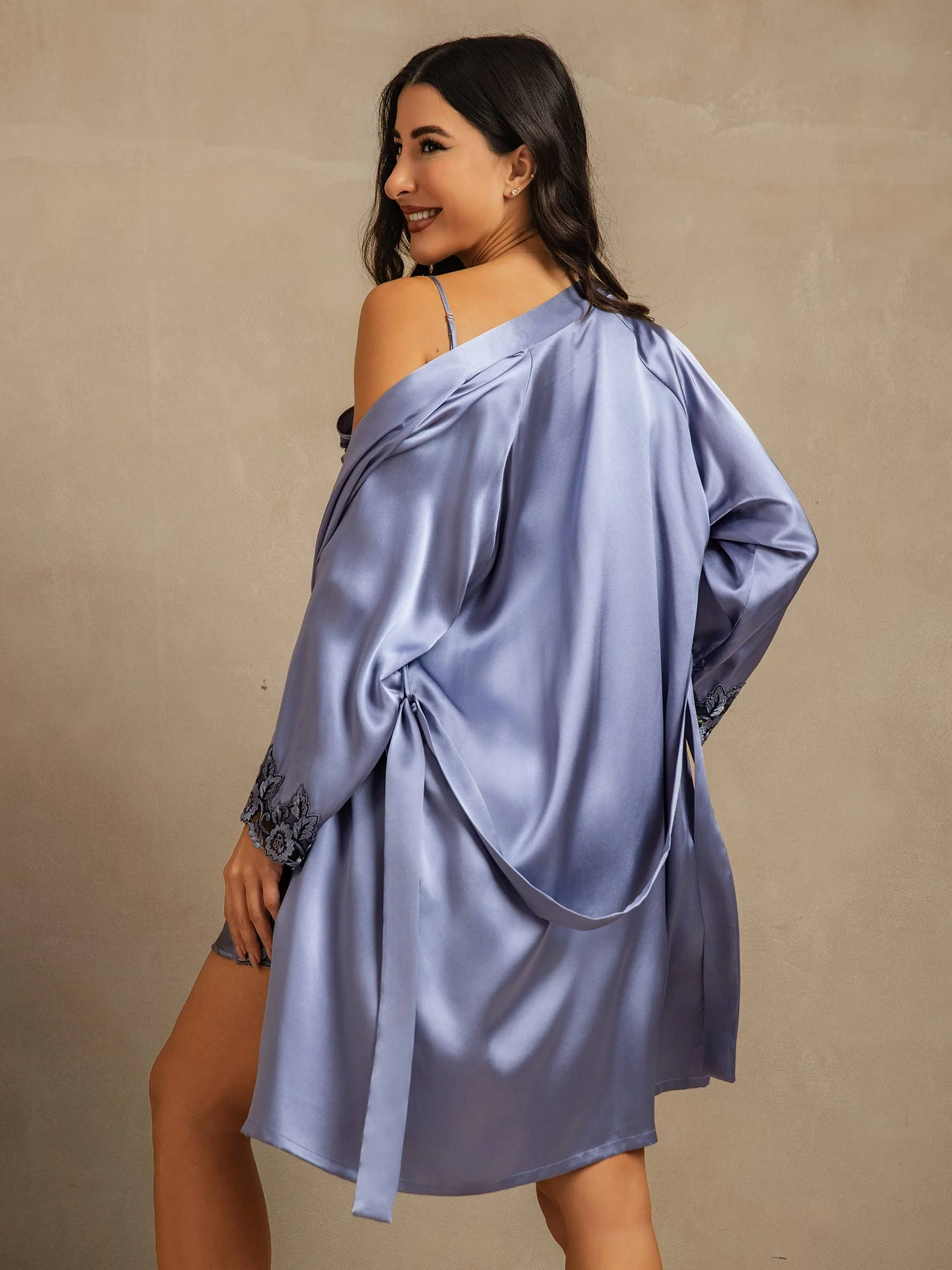 Pure Silk Spaghetti Strap Lace Nightgown&Dressing Gown Set - Image 21