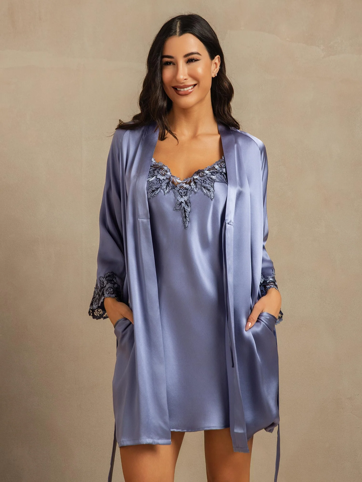 Pure Silk Spaghetti Strap Lace Nightgown&Dressing Gown Set - Image 26