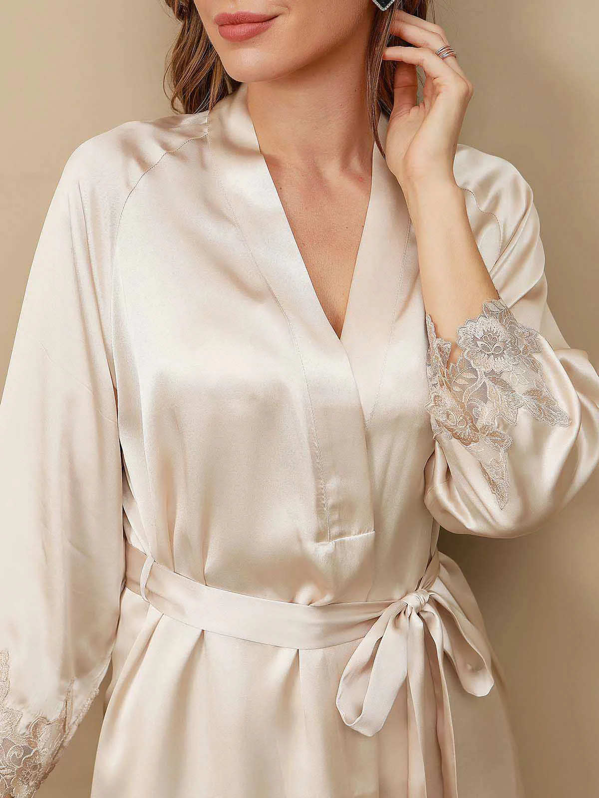 Pure Silk Spaghetti Strap Lace Nightgown&Dressing Gown Set - Image 9