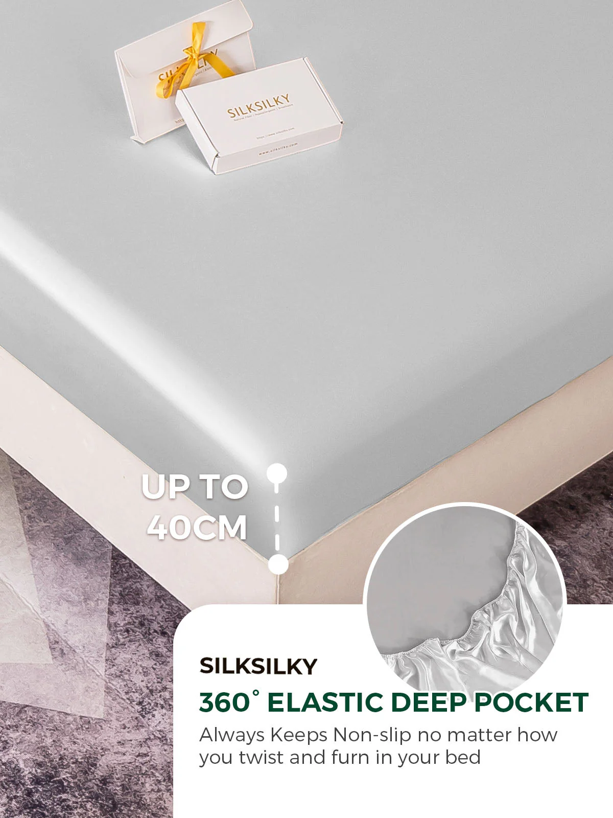 22Momme Silk 4Pcs Set Fitted&Flat Sheets+2x Pillowcases - Image 49