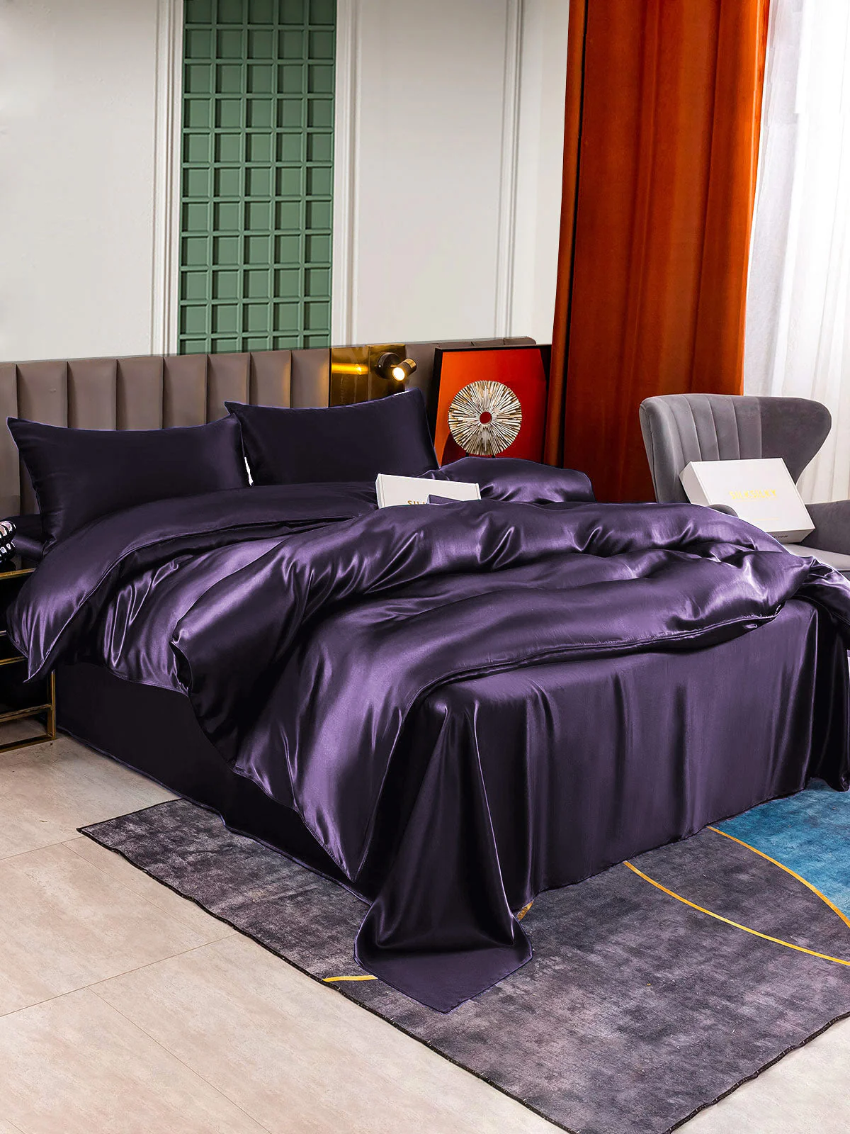 22Momme 4Pcs Silk Set Doona Cover+Flat Sheet+2x Pillowcases - Image 91