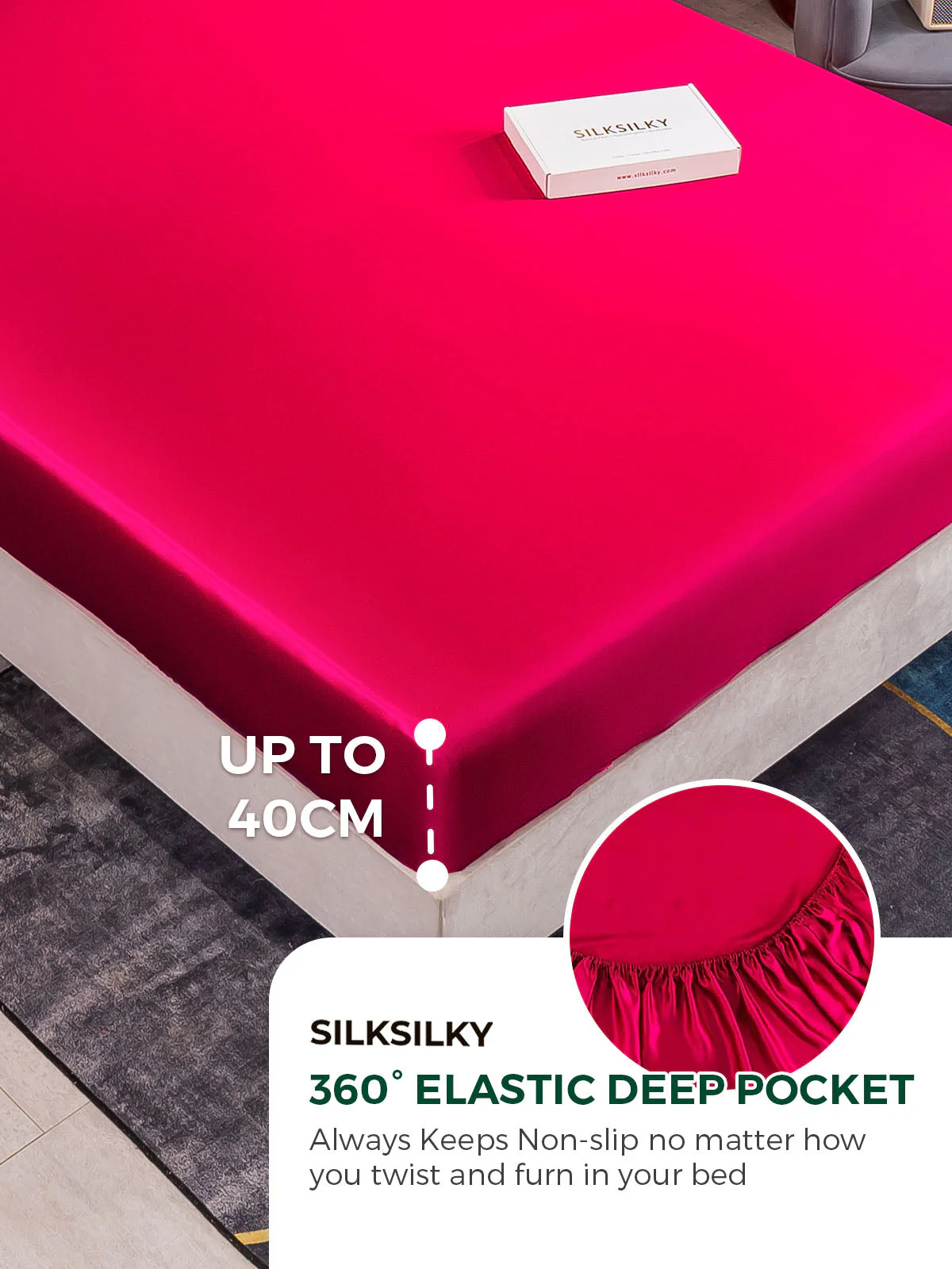 25Momme Silk 4Pcs Set Fitted&Flat Sheets+2x Pillowcases - Image 29