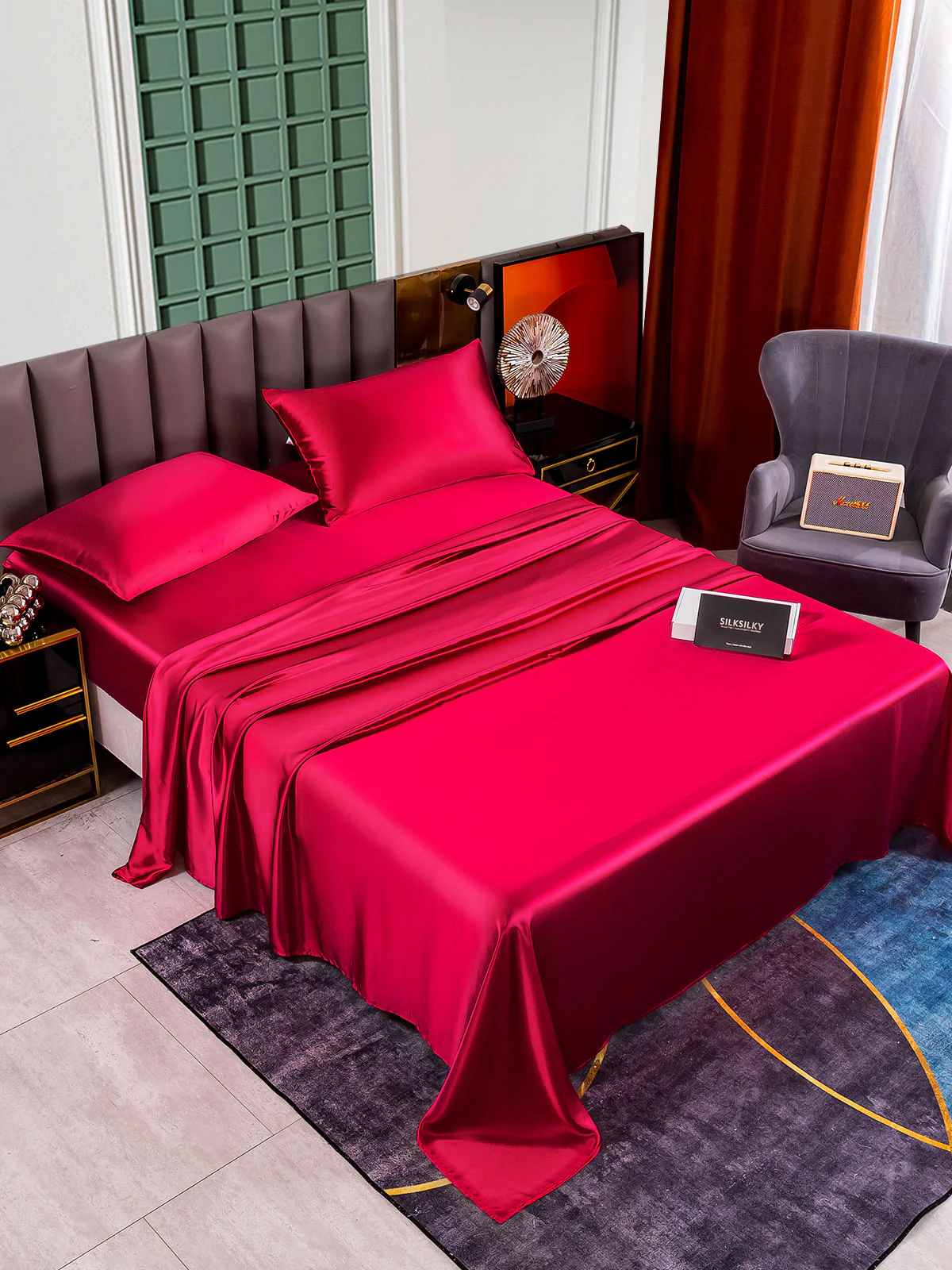 25Momme Silk 4Pcs Set Fitted&Flat Sheets+2x Pillowcases - Image 32