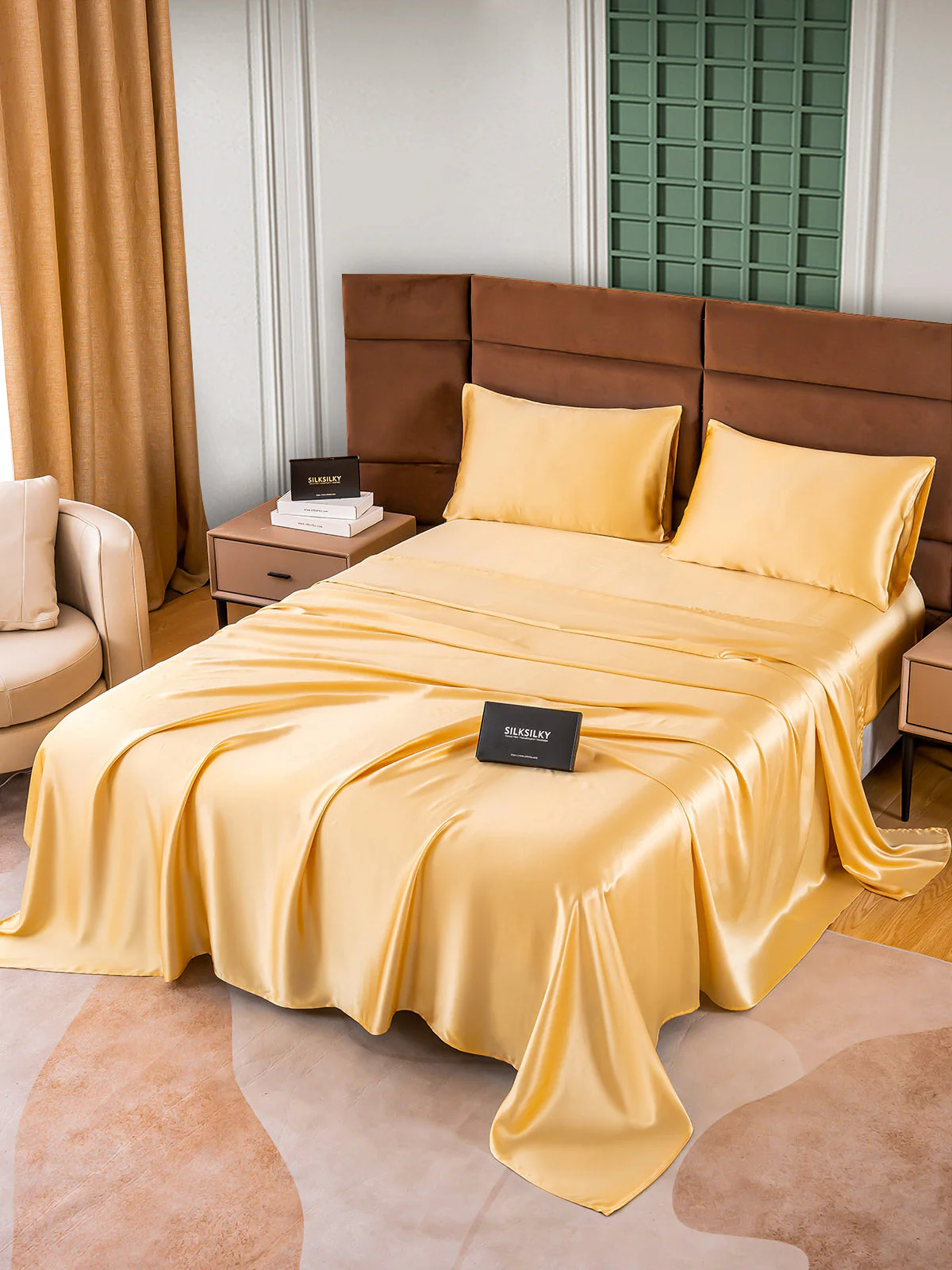 25Momme Silk 4Pcs Set Fitted&Flat Sheets+2x Pillowcases - Image 42