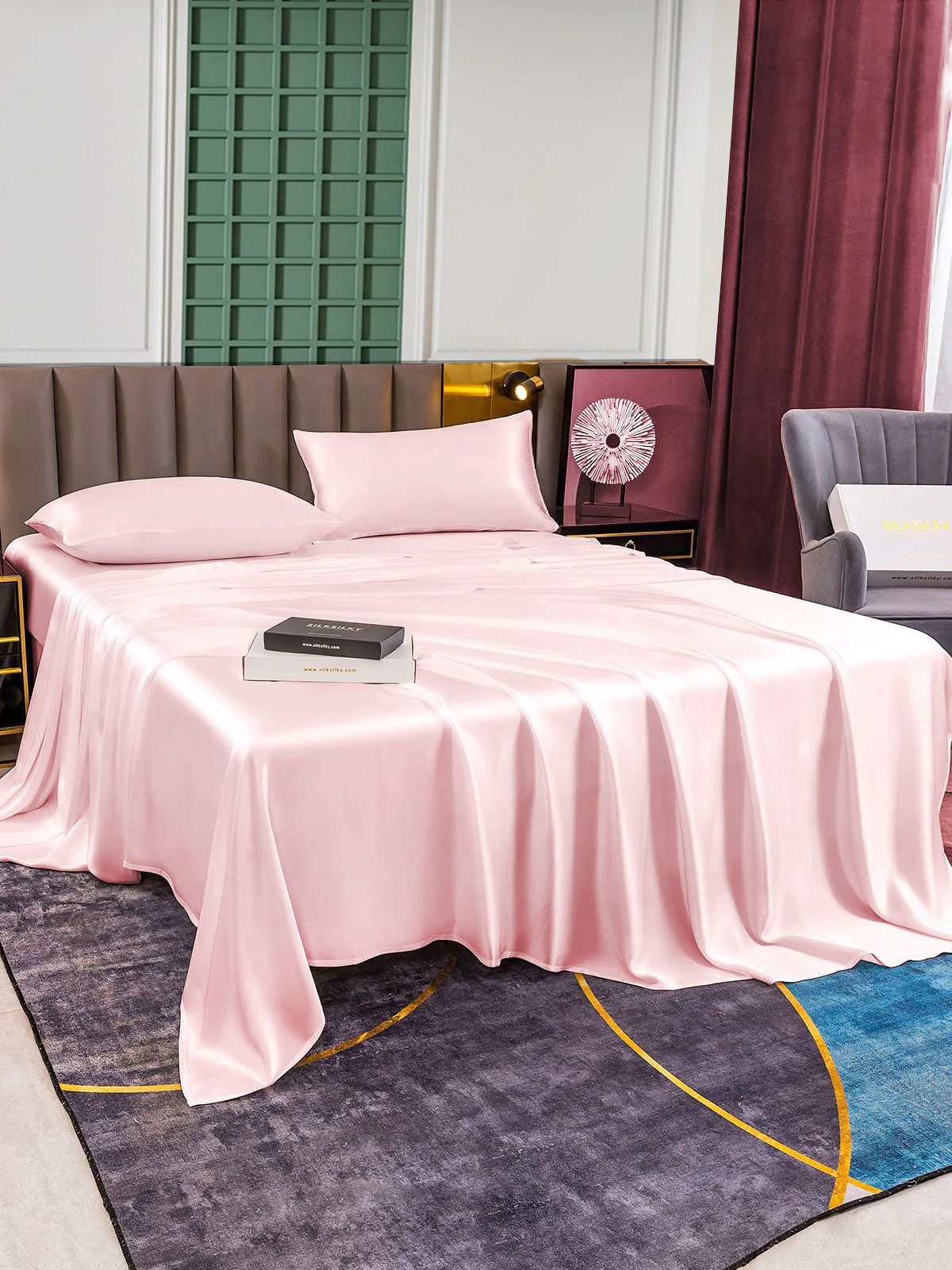 25Momme Silk 4Pcs Set Fitted&Flat Sheets+2x Pillowcases - Image 57