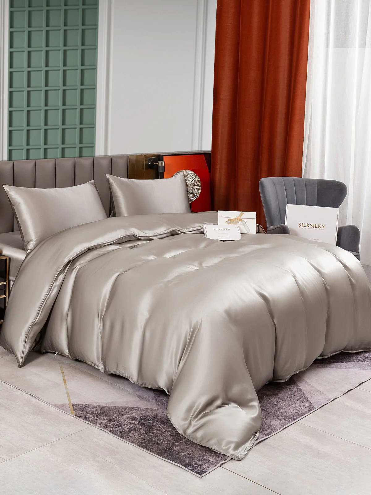 25Momme 4Pcs Silk Set Doona Cover+Fitted Sheet+2x Pillowcases - Image 77