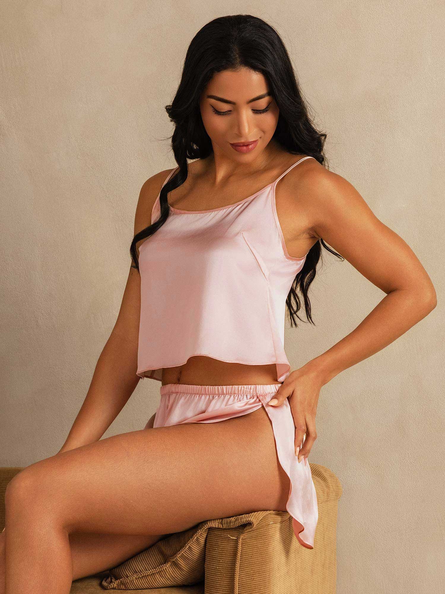 Pure Silk Spaghetti Strap Round Neck Above the Knee Camisole Set with Split Design - Image 18